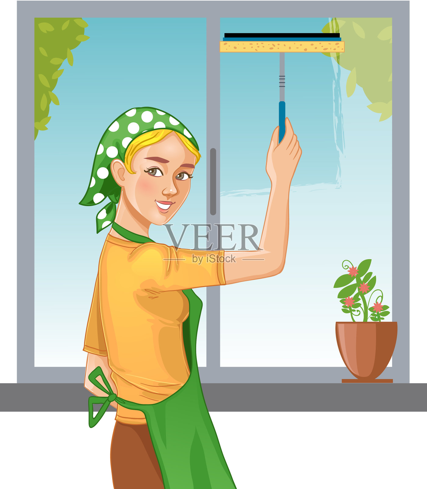 卡通女孩洗窗户设计元素图片