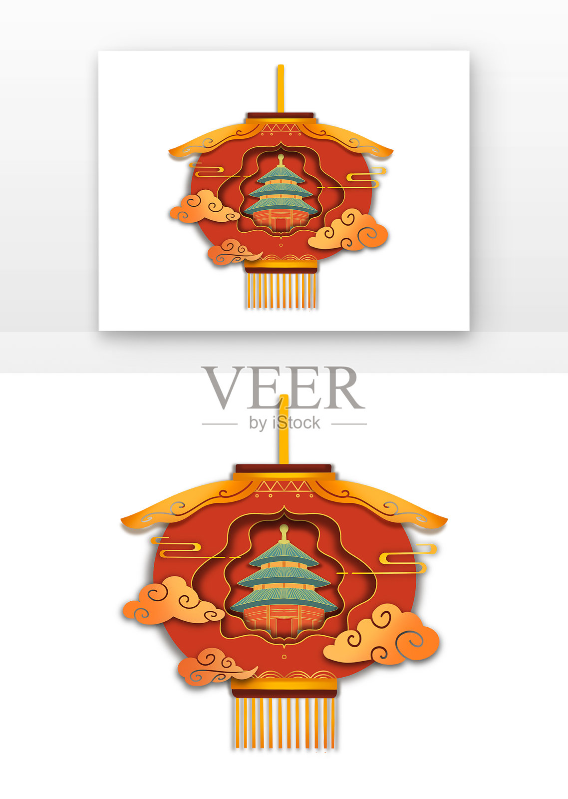 红色国潮剪纸风国庆节建筑祥云灯笼设计元素图片