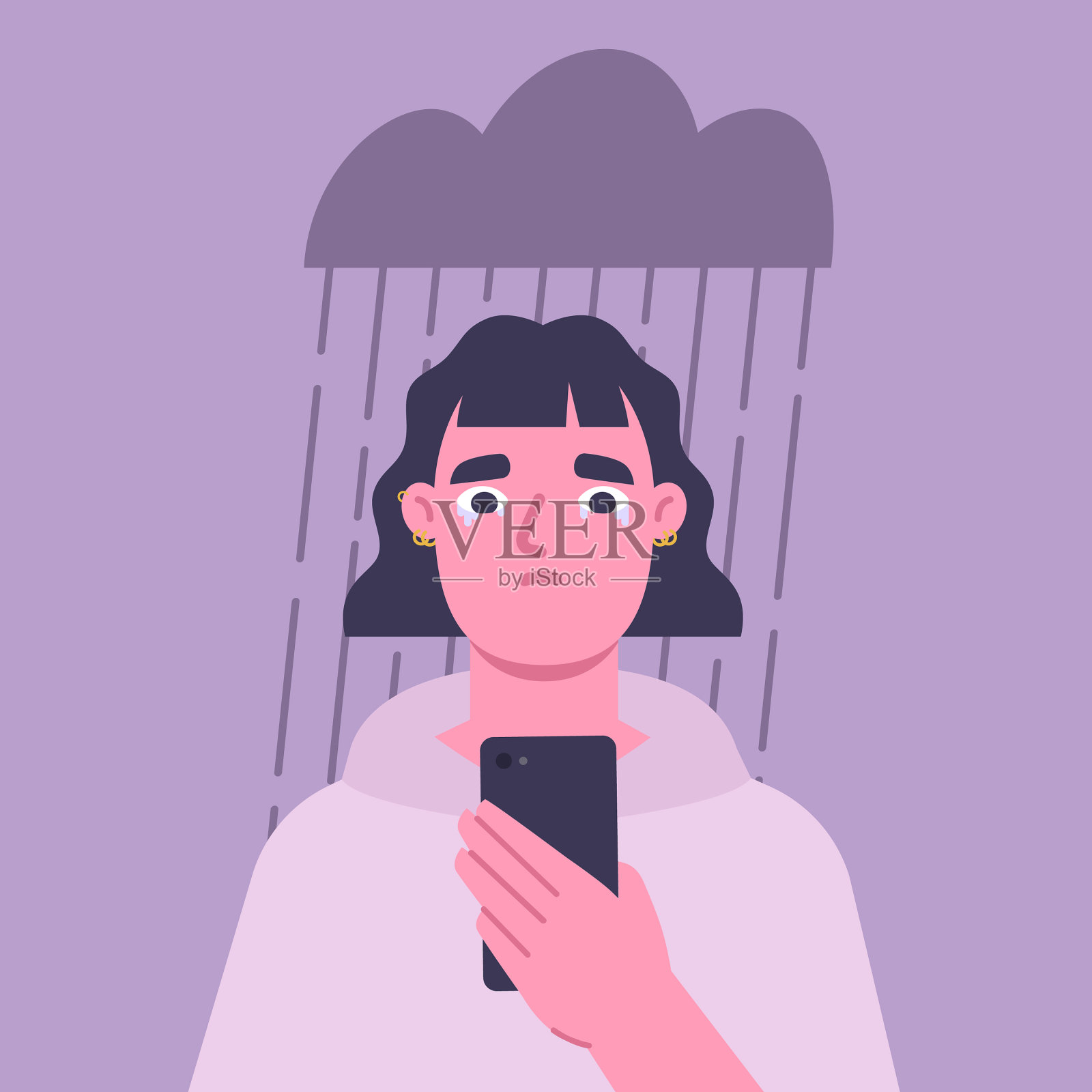 悲伤的女人一边挂手机一边哭泣插画图片素材