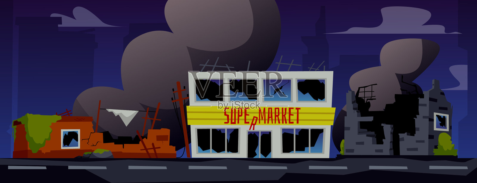 被摧毁的后世界末日街道的城市景观插画图片素材