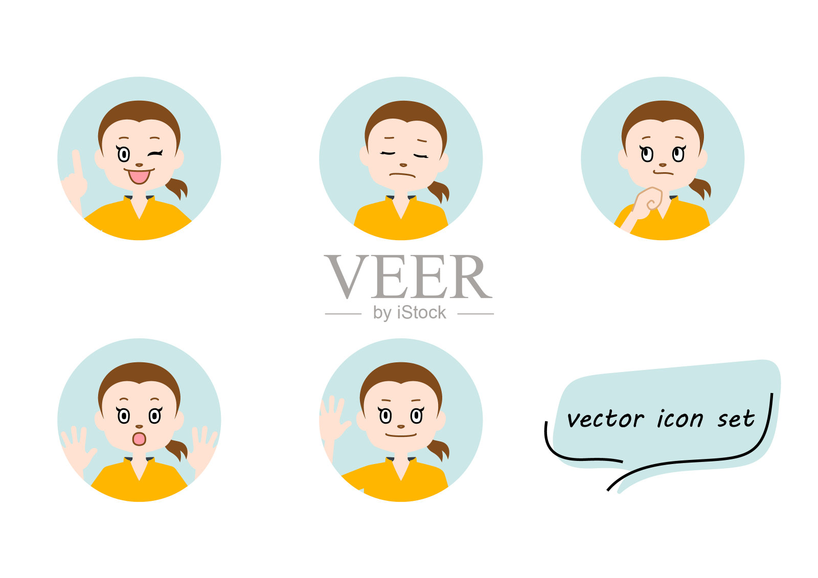 长发男孩图标插图设置(白色背景，矢量，剪切)插画图片素材