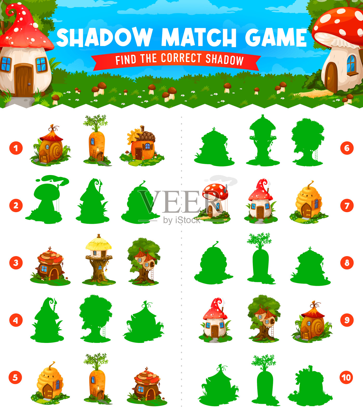 童话房子影子火柴游戏工作表插画图片素材