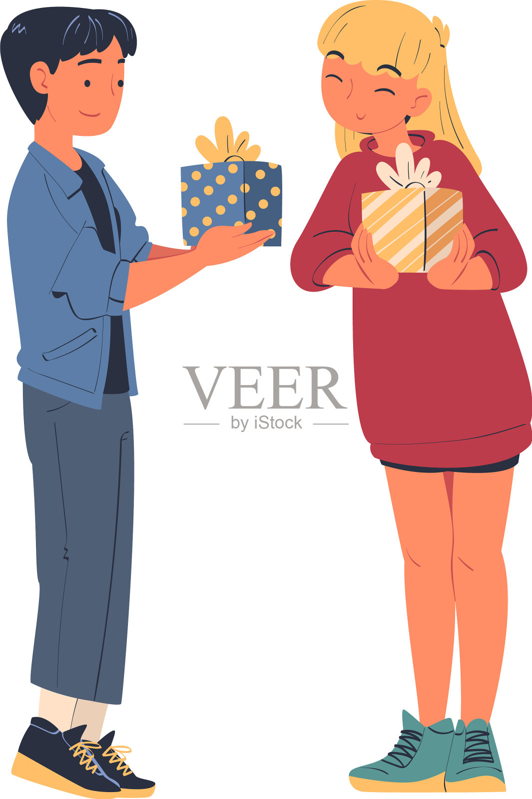 快乐少年男孩和女孩交换礼盒作为设计元素图片