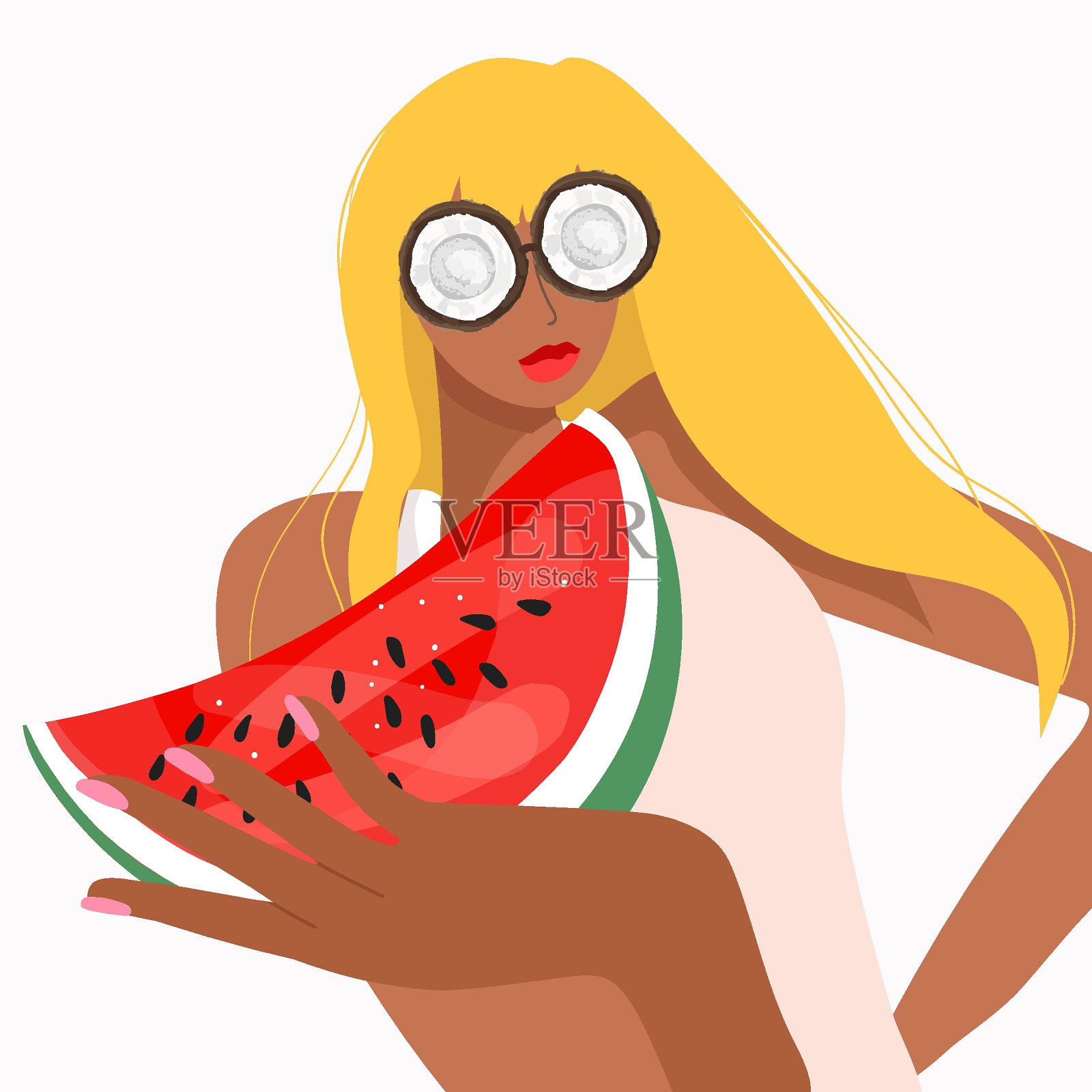 矢量插画的女孩，女人在海洋景观的背景上冷静下来，在莲花的位置，在杯子里的椰子形状，夏天的氛围，椰子新鲜，冰沙，有趣。插画图片素材