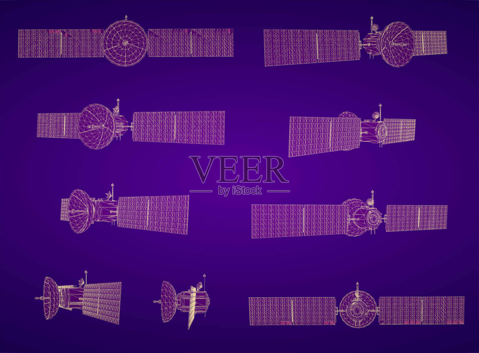 彩色背景下矢量三维通信和通信卫星的集合插画图片素材