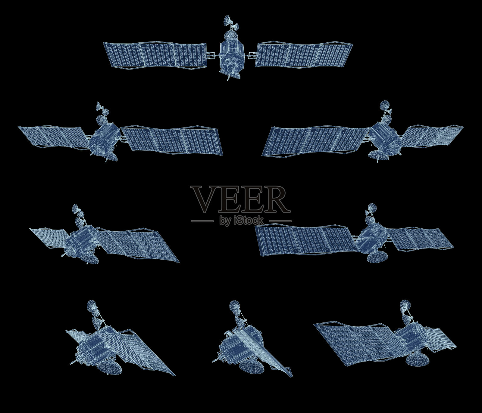 向量集。近地轨道通信卫星。未来的空间技术。插画图片素材
