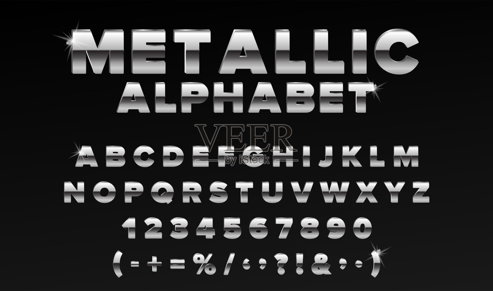 铬金属粗体字体，闪闪发光的字母插画图片素材