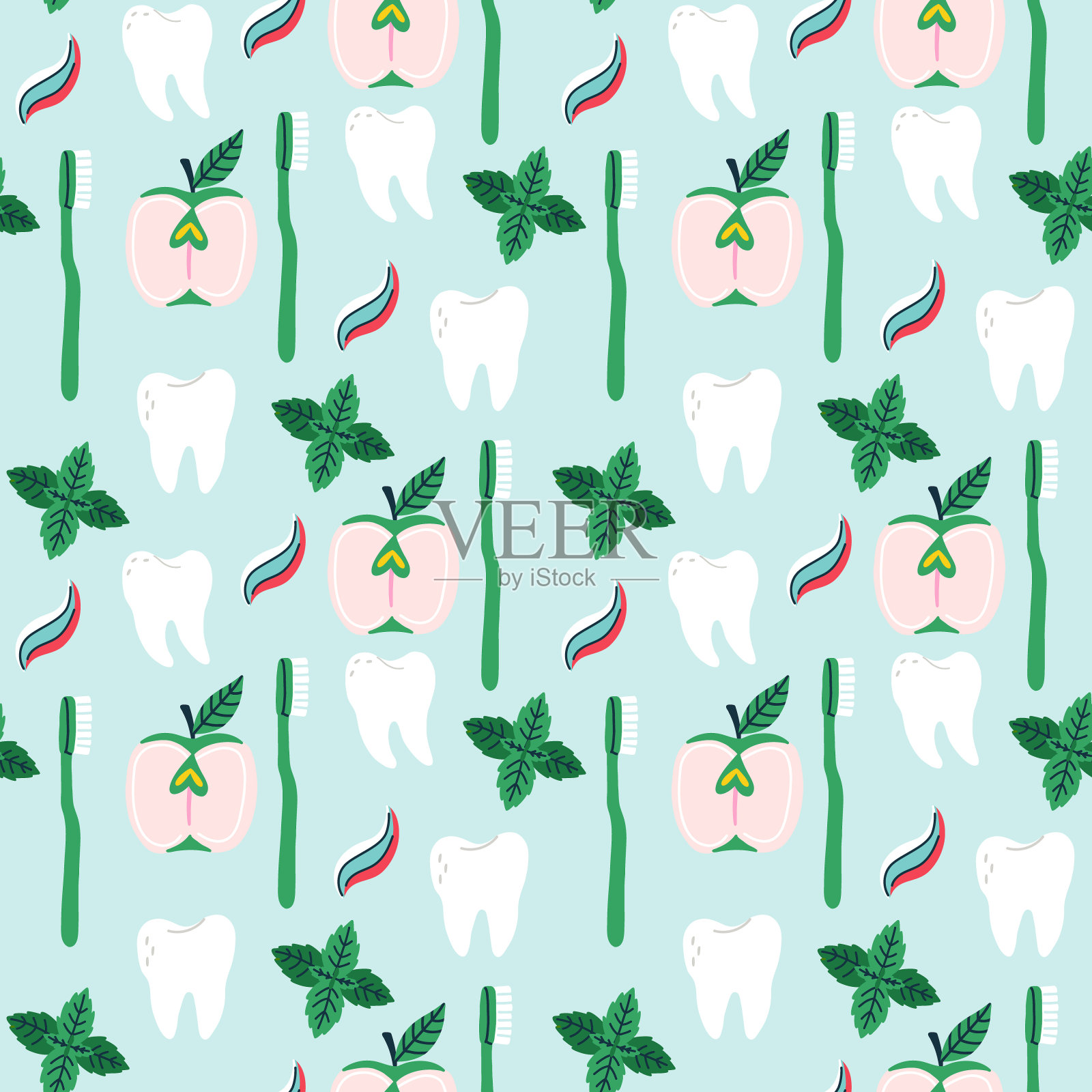 无缝图案薄荷苹果牙膏牙刷插画图片素材