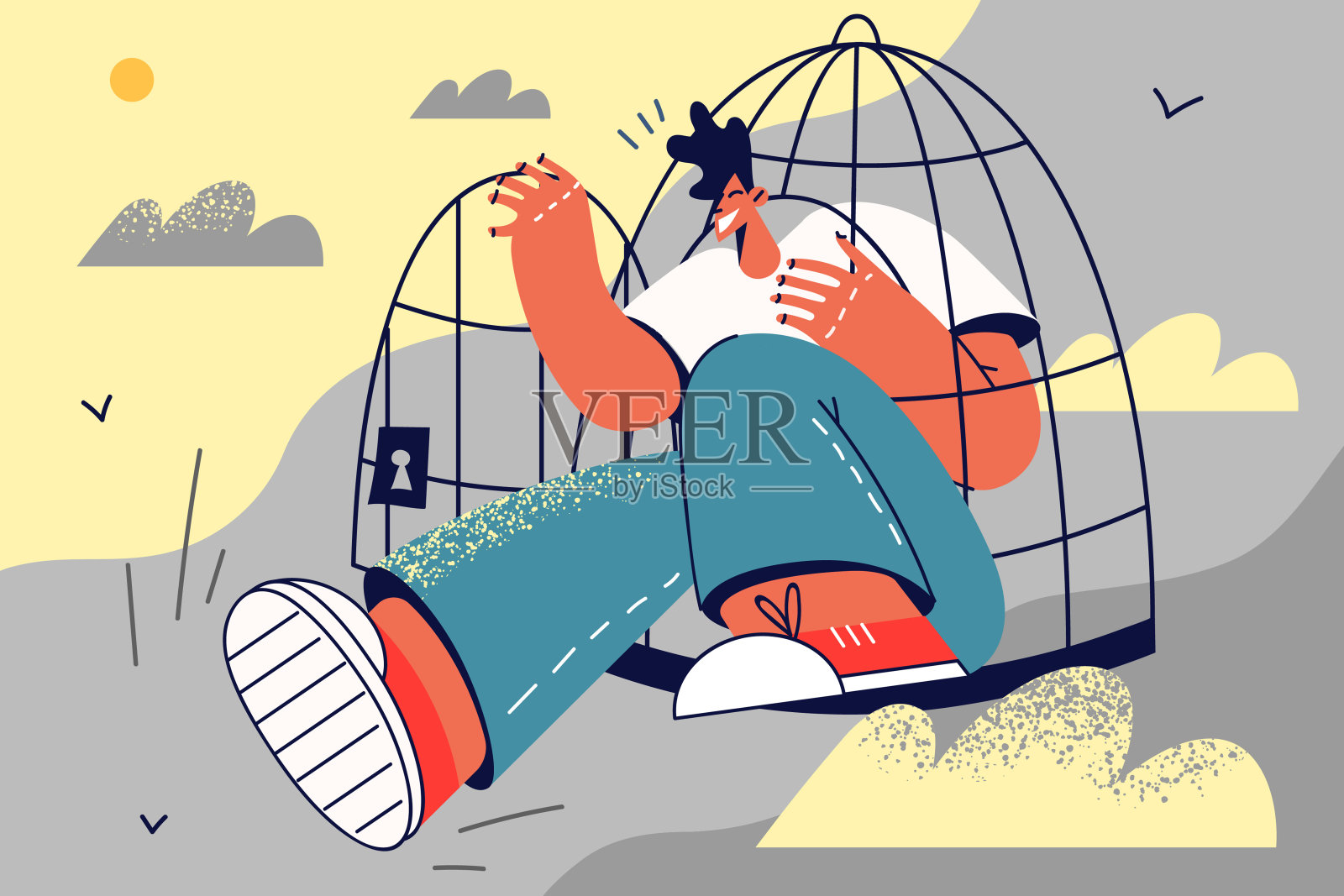 幸福的人逃出牢笼进入自由的生活插画图片素材