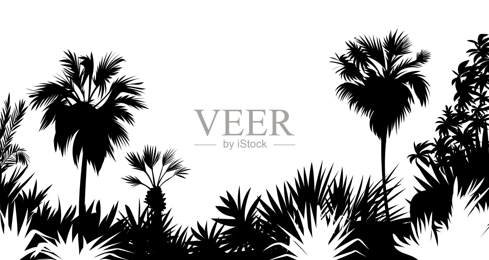 热带海岛丛林，棕榈树黑色插画图片素材