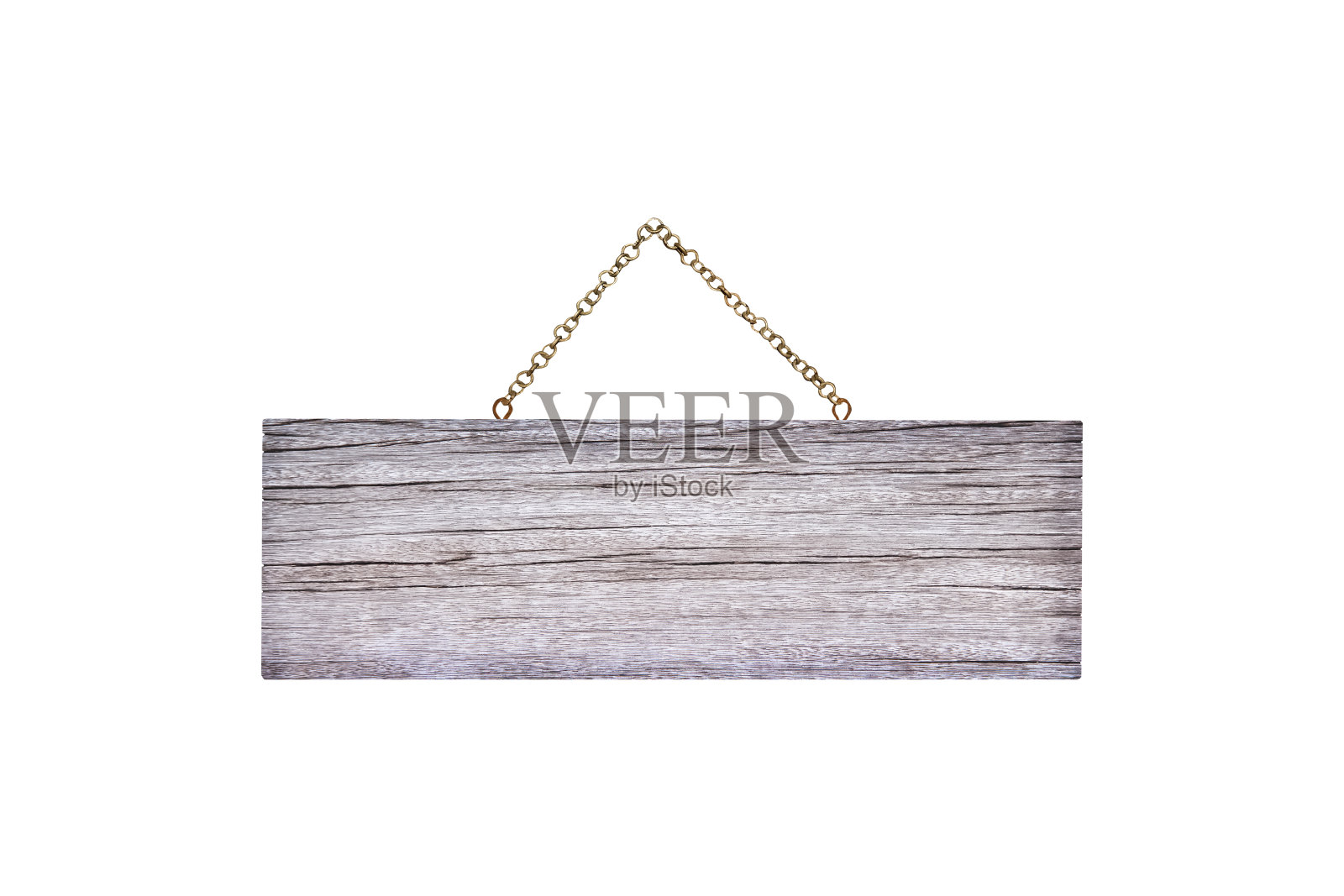 白色背景上孤立地悬挂着木制标牌框架和旧钢链，剪接路径照片摄影图片
