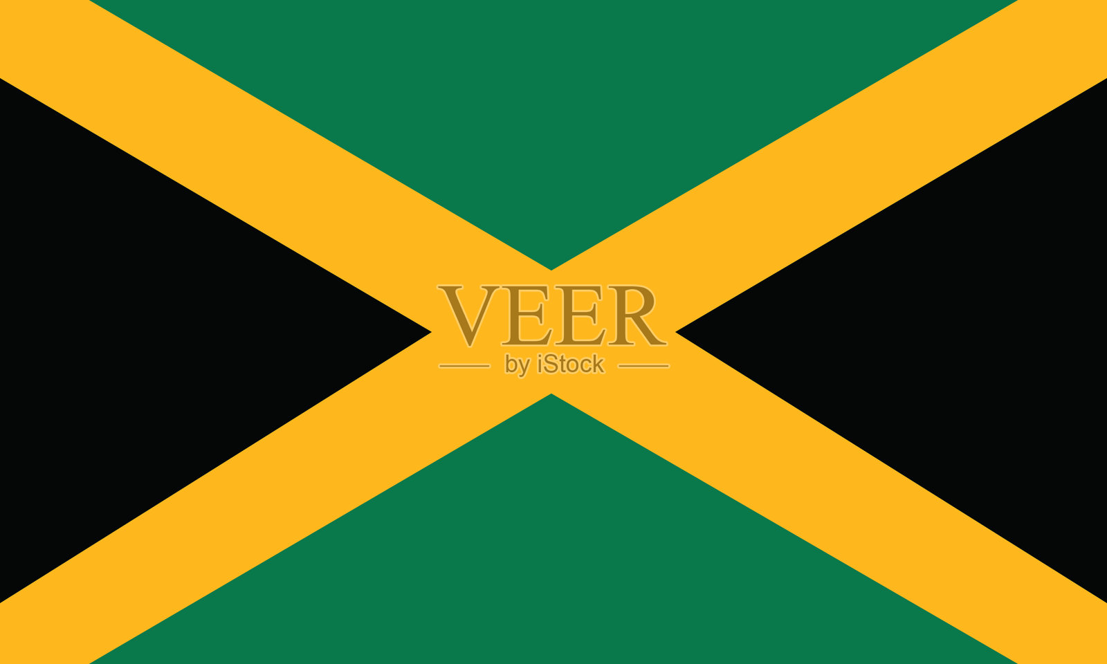 牙买加官方国旗矢量图。牙买加国旗由一个金色的盐轮胎组成，它将国旗分成四部分:其中两部分为绿色，两部分为黑色。插画图片素材