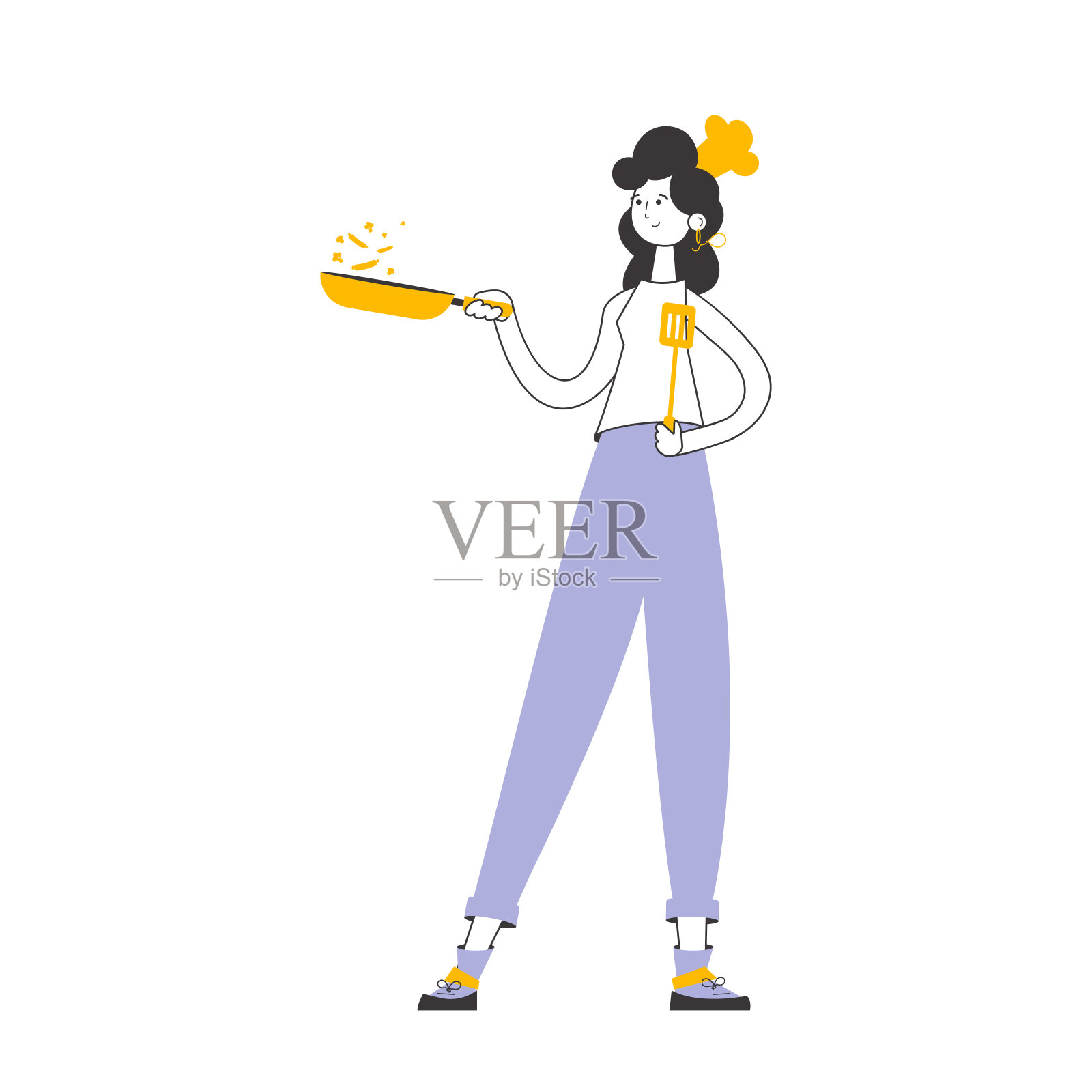 厨师手里拿着煎锅的女孩。线性时尚风格。孤立。向量。插画图片素材