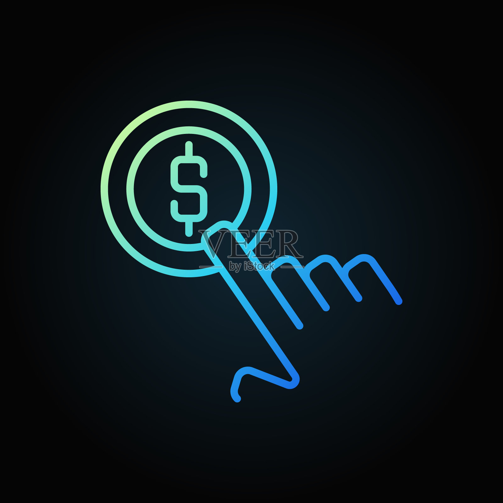 手指与硬币矢量彩色线图标的黑色背景插画图片素材