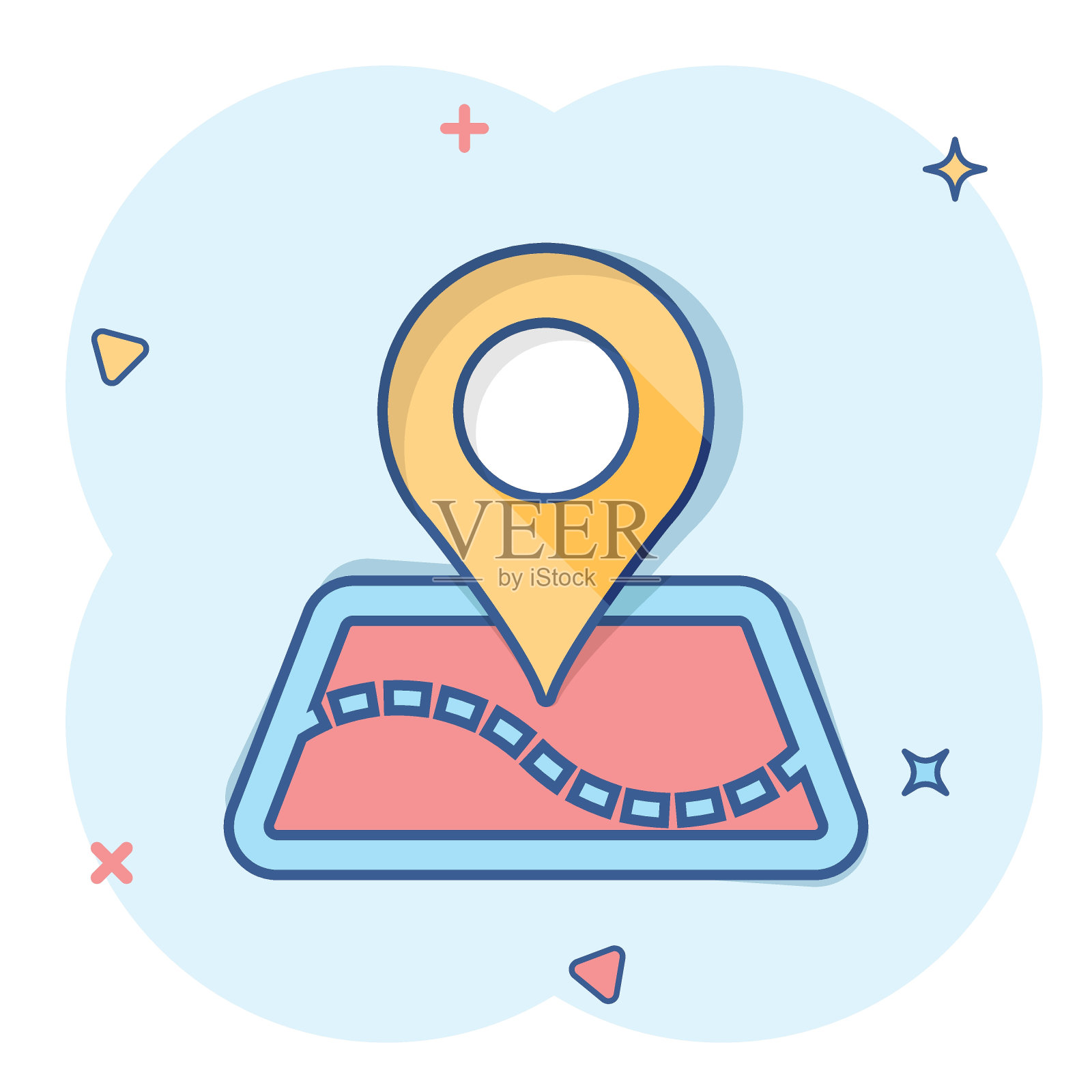 矢量卡通地图指针图标的漫画风格。Gps导航标志插图象形图。指针目标业务飞溅效应概念。插画图片素材