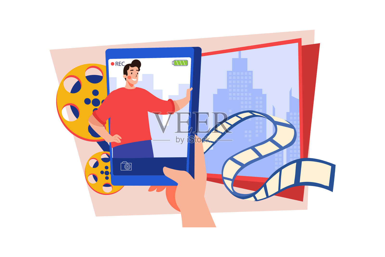 博主制作视频剪辑。在白色背景上拍摄自己的相机插图概念插画图片素材