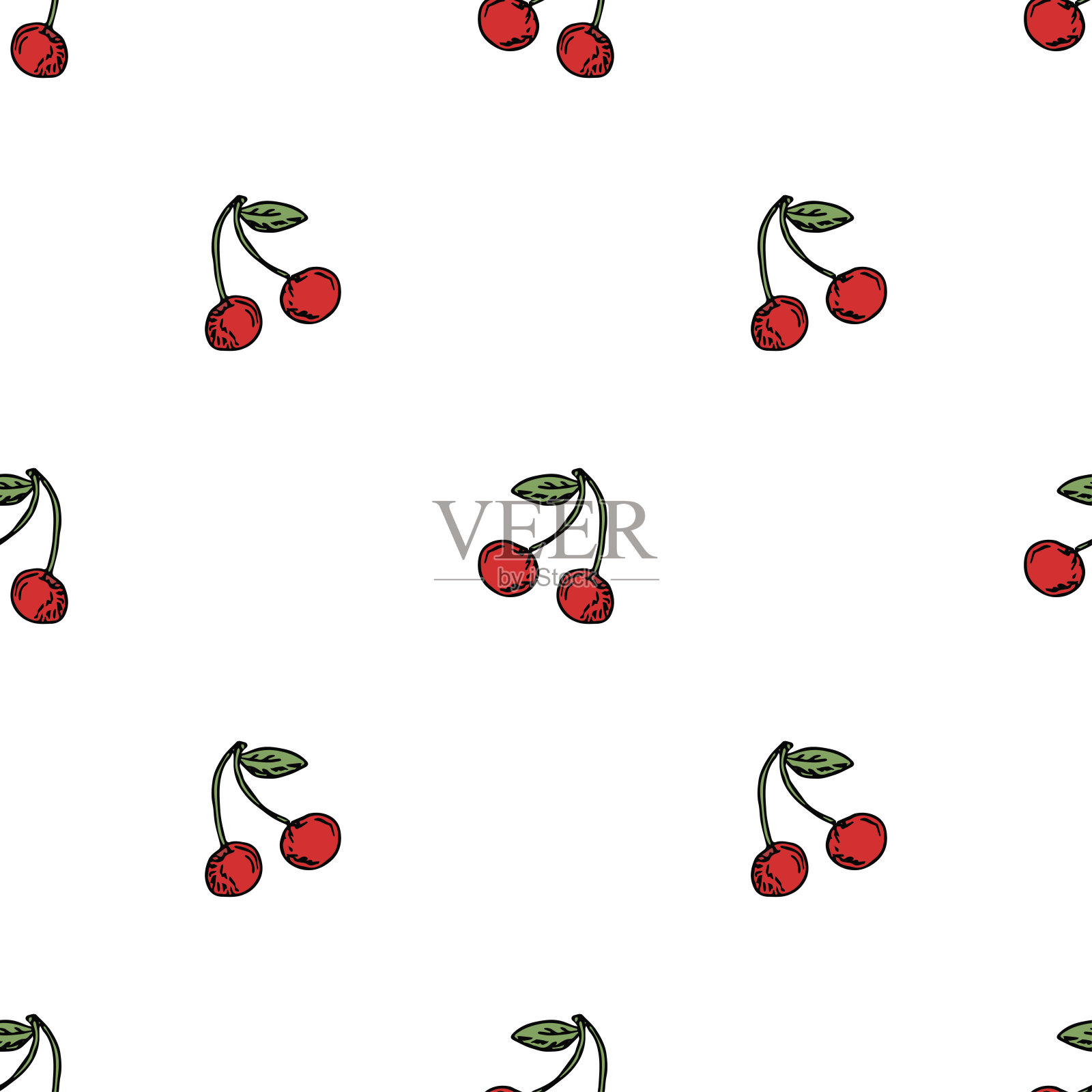 无缝的樱桃图案。涂鸦矢量与红色樱桃图标。的樱桃图案插画图片素材