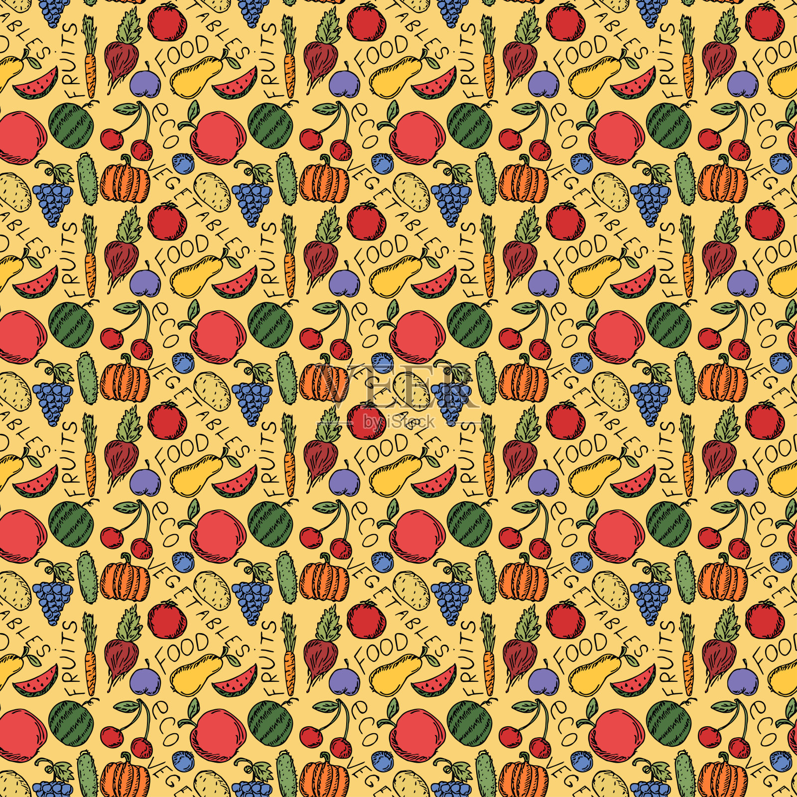 无缝素食模式。彩色涂鸦矢量与素食图标。的食物图标插画图片素材