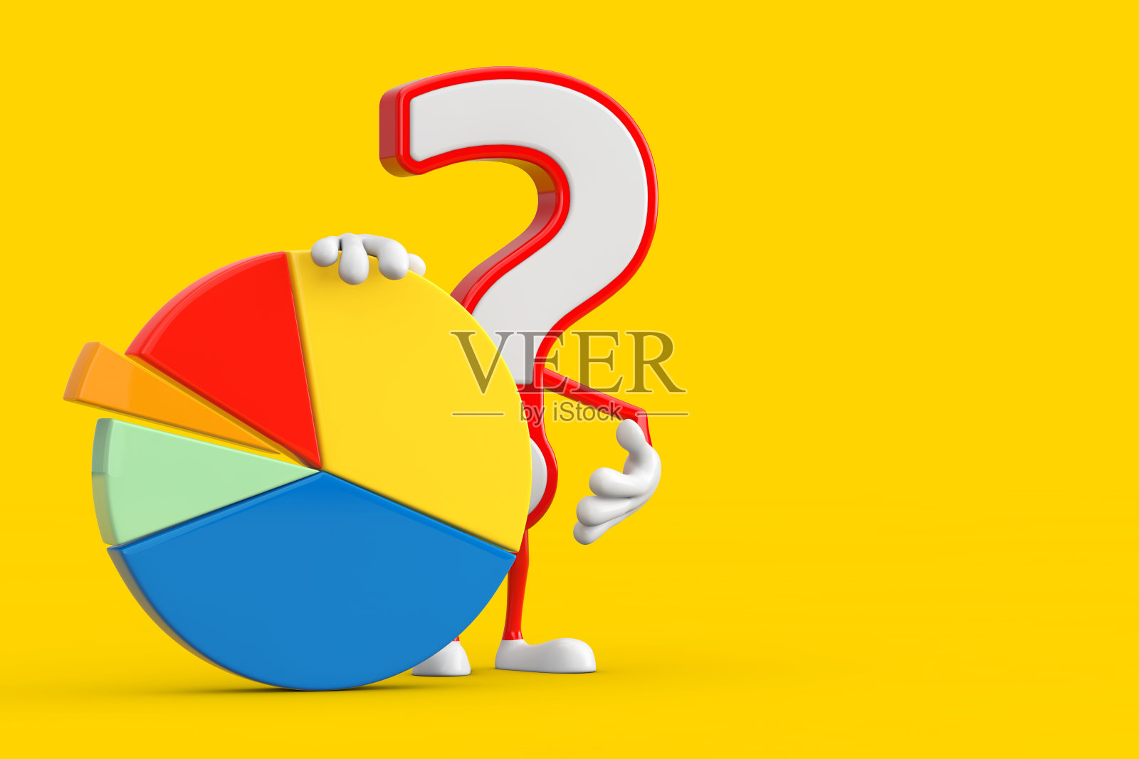 问号符号卡通人物吉祥物与信息图形业务饼图。3d渲染照片摄影图片