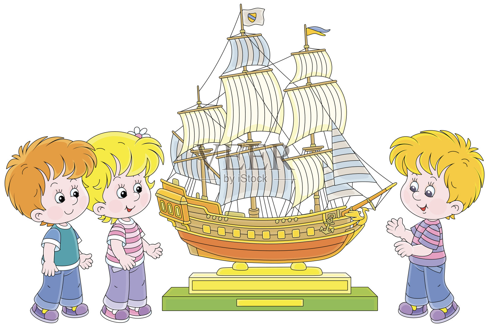 孩子们在看帆船模型插画图片素材