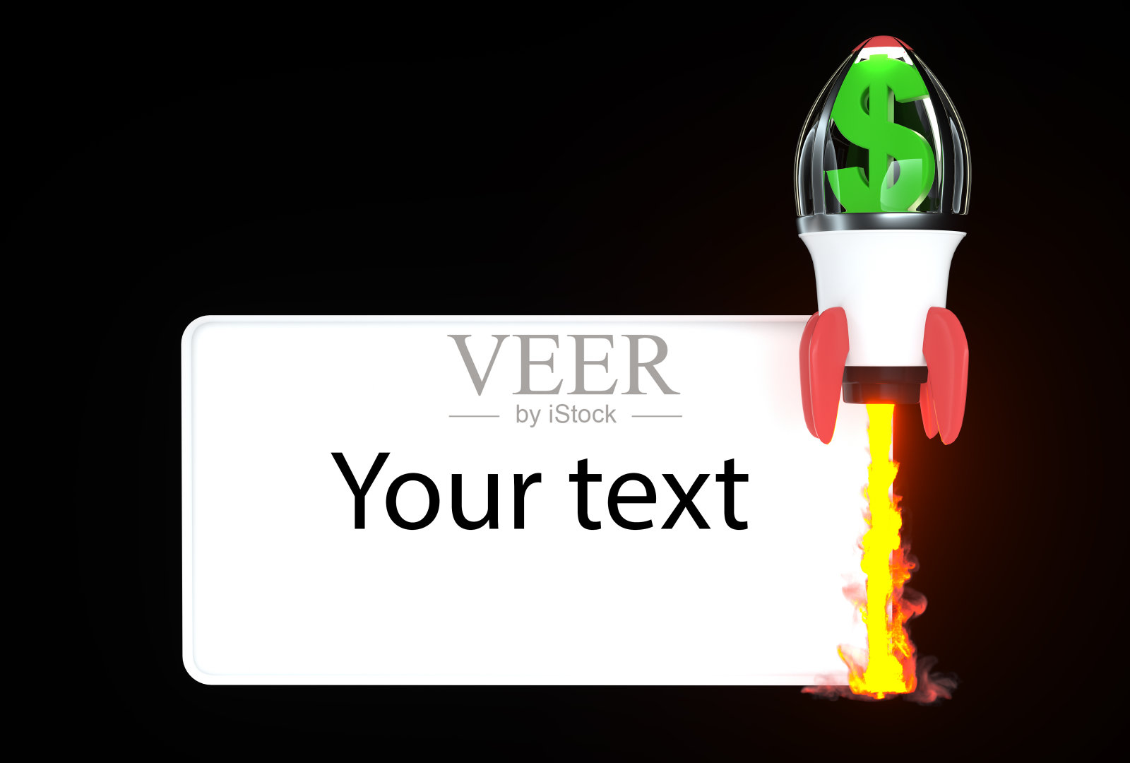 火箭携带绿色美元符号，发射，空白页放置文字。照片摄影图片