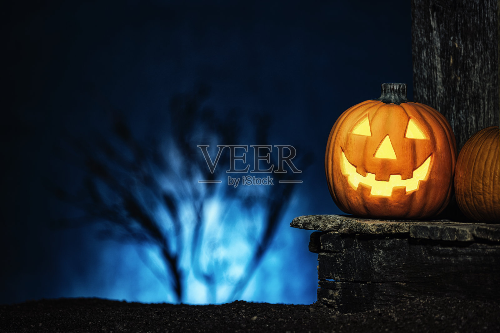 当满月从树后经过时，一个微笑的Jack O 'Lantern和南瓜放在一个古老的木制门廊上照片摄影图片