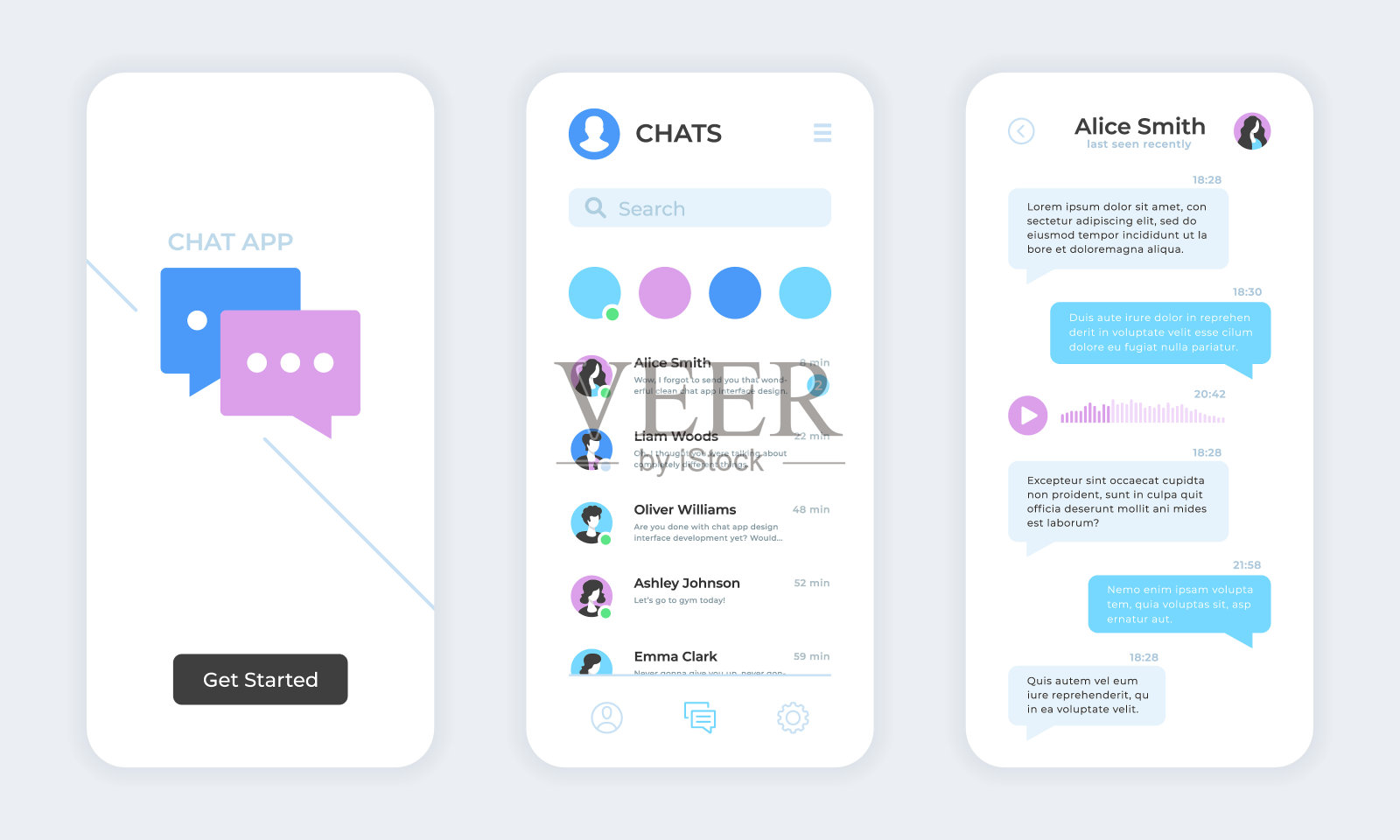 聊天app。短信手机应用UI。在线消息，实时聊天应用模型，模板设置。手机应用布局，用户体验工具包。向量的概念插画图片素材