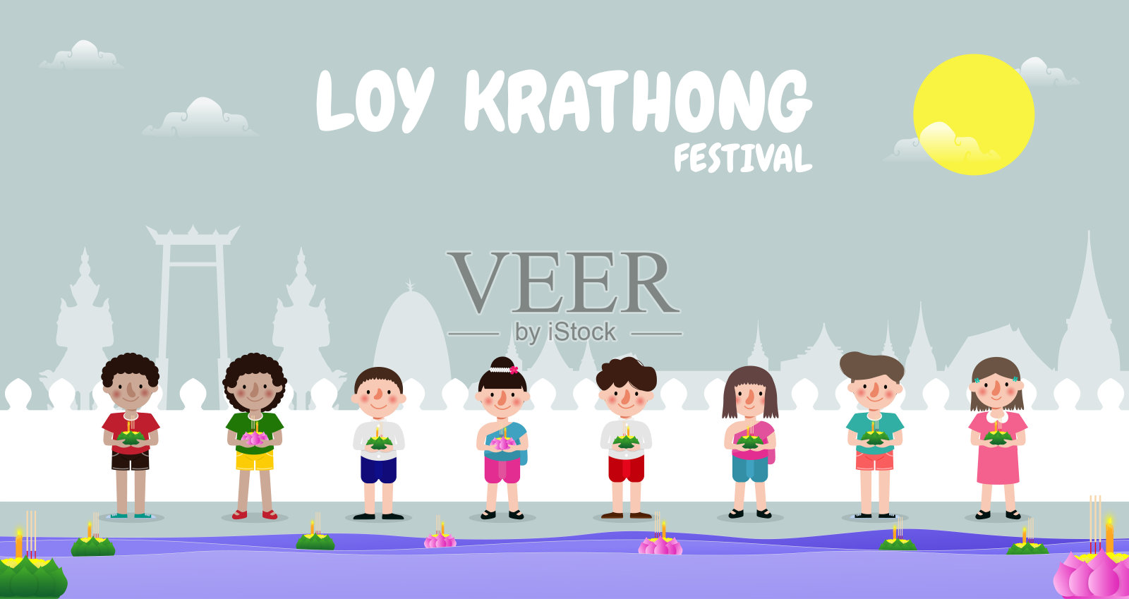 水灯节旗帜概念与可爱的泰国儿童在民族服装持有水灯节在满月之夜和灯笼庆祝和泰国文化海报模板背景向量插画图片素材