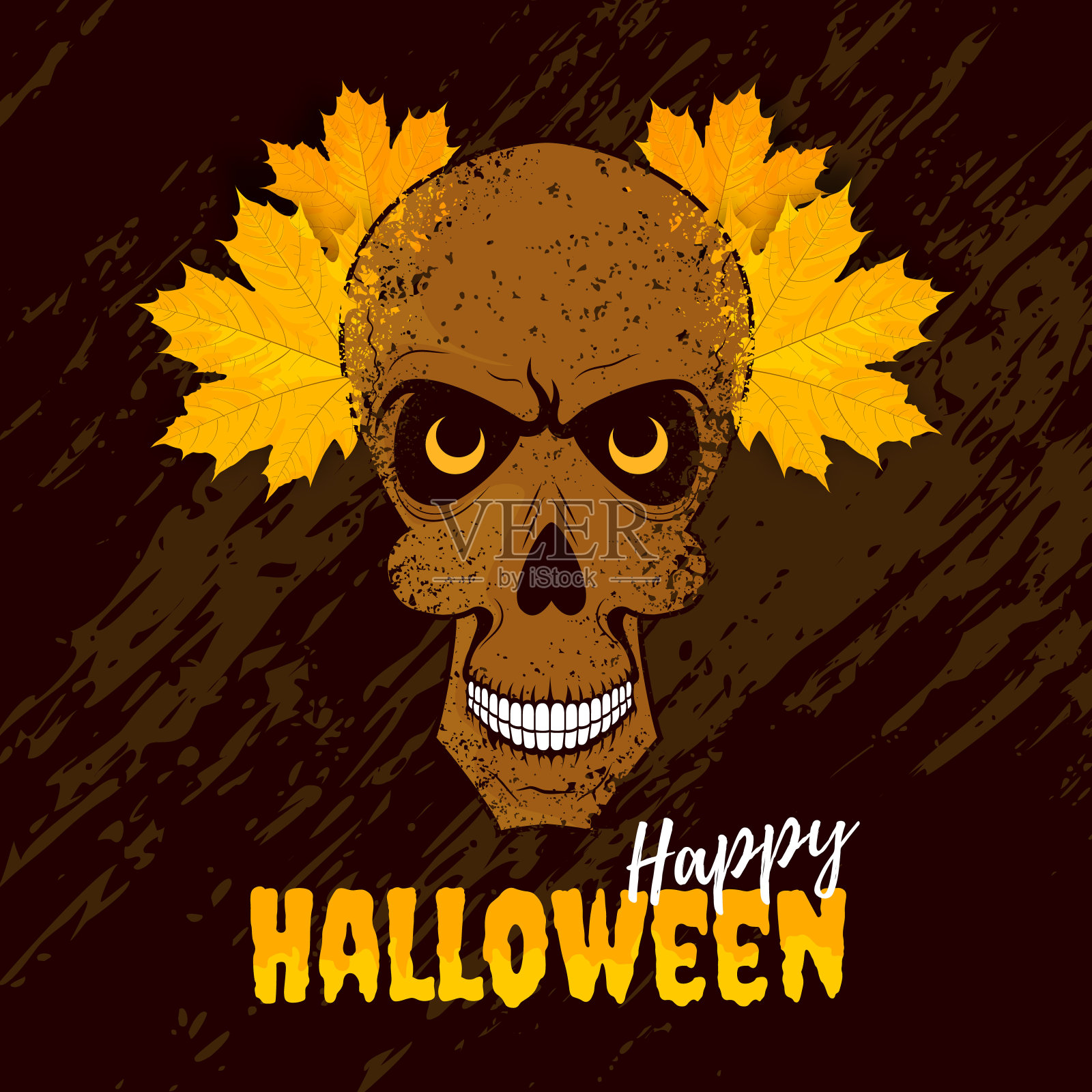 带有破旧骷髅头和枫木的万圣节卡片设计模板素材