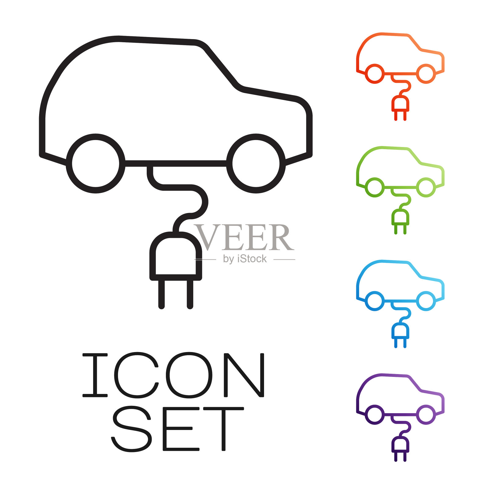 黑线电动汽车和电缆插头图标素材