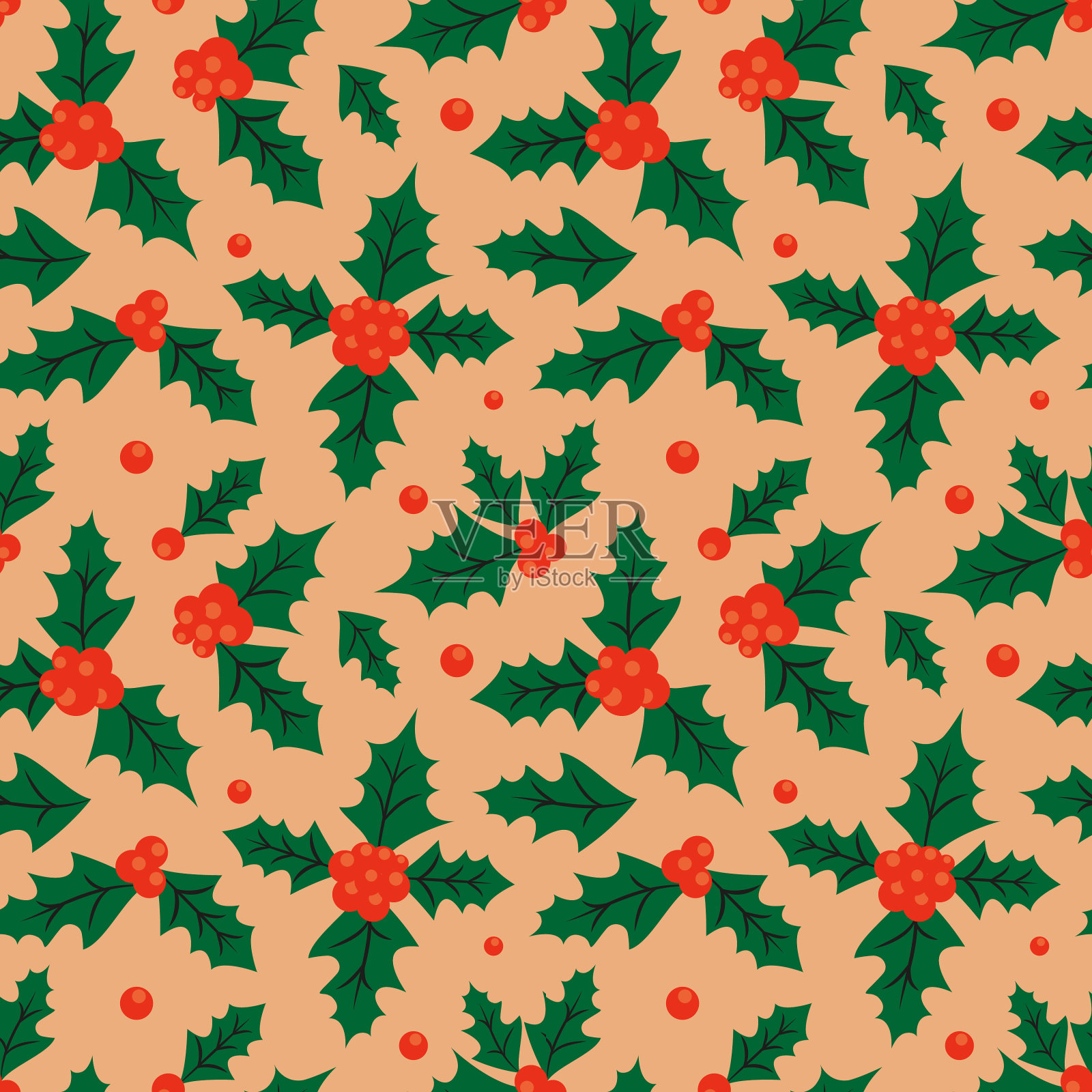 复古圣诞无缝背景与霍莉插画图片素材
