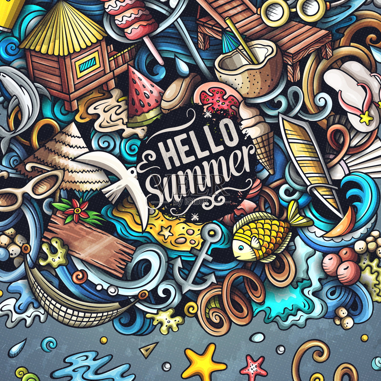 夏日沙滩卡通涂鸦框插画图片素材