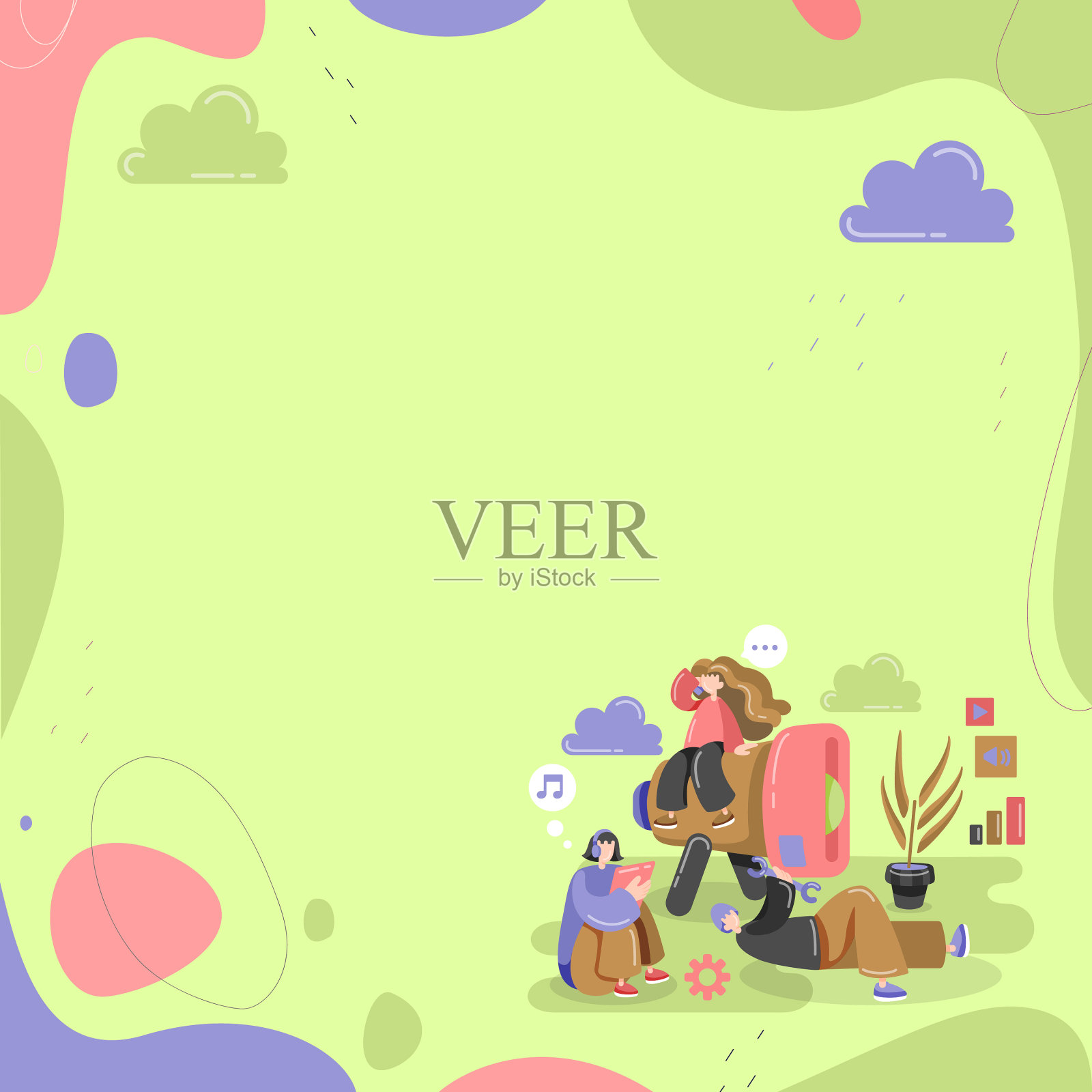 小组放松，听音乐，修理扩音器插画图片素材