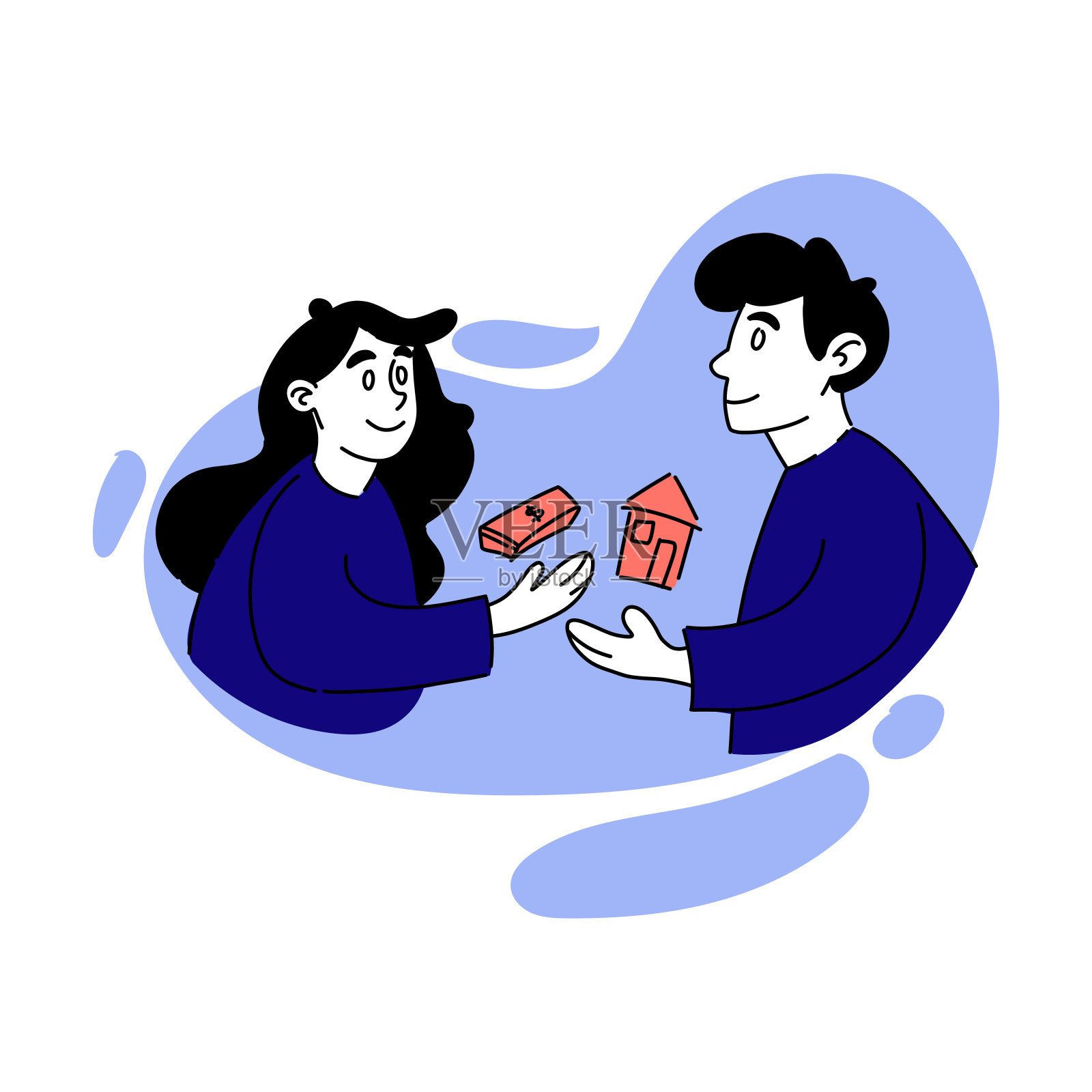 矢量绘制了人们购买房产的插图。男人和女人，钱，美元，房子，家，租赁协议，租金，住宿，房地产。经营理念。蓝色和粉色柔和的颜色插画图片素材