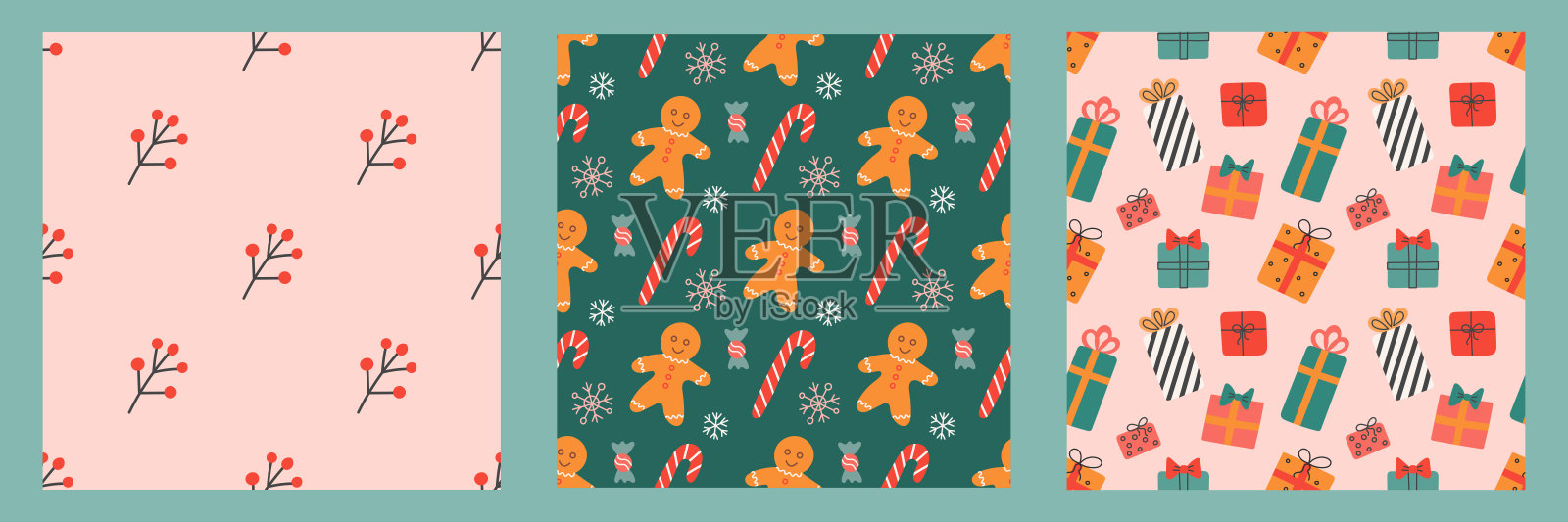一套无缝模式的圣诞节和新年。矢量可爱假日背景插画图片素材
