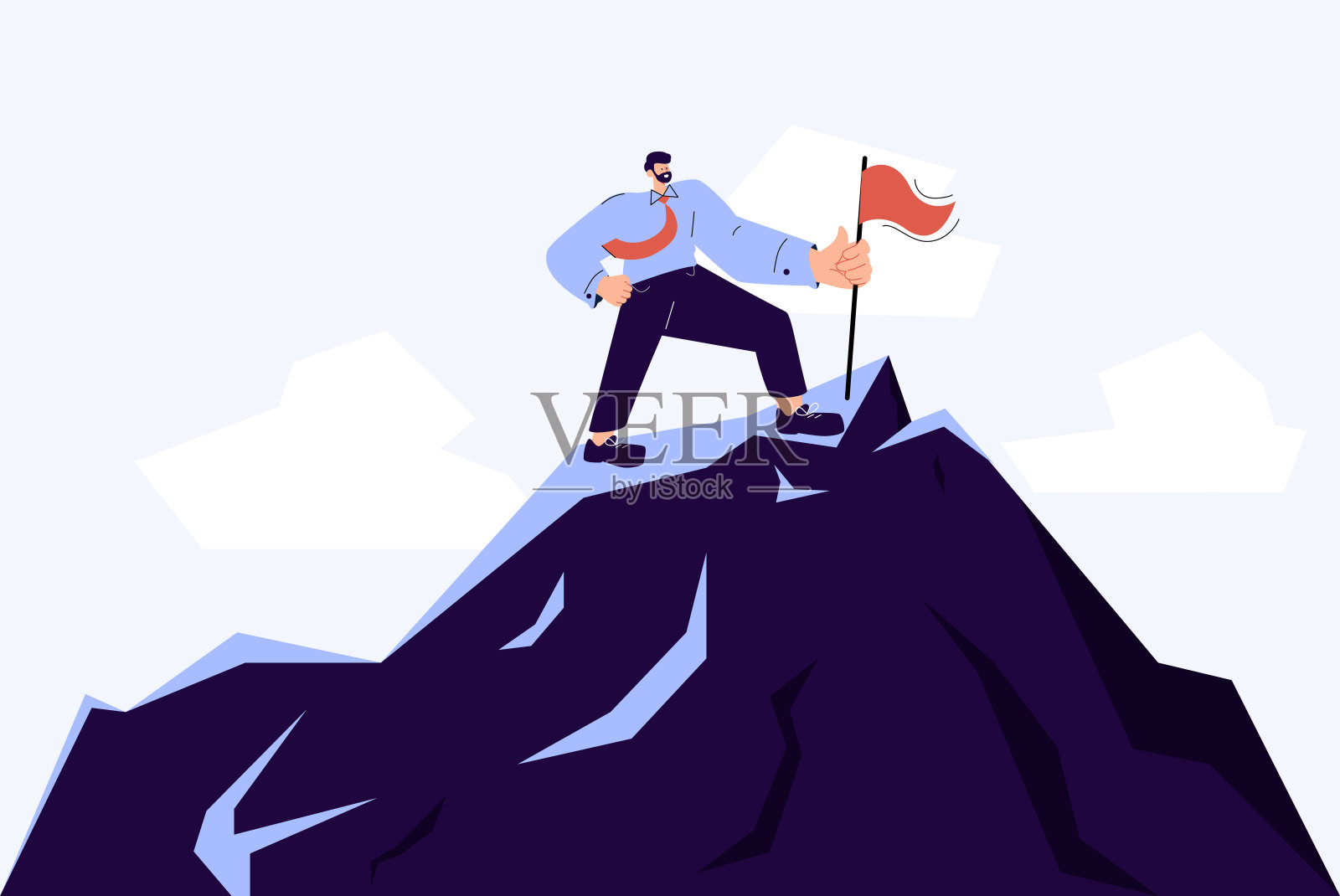商人举旗顶山，天空和阳光做背景。的过滤器。业务、成功的领导插画图片素材