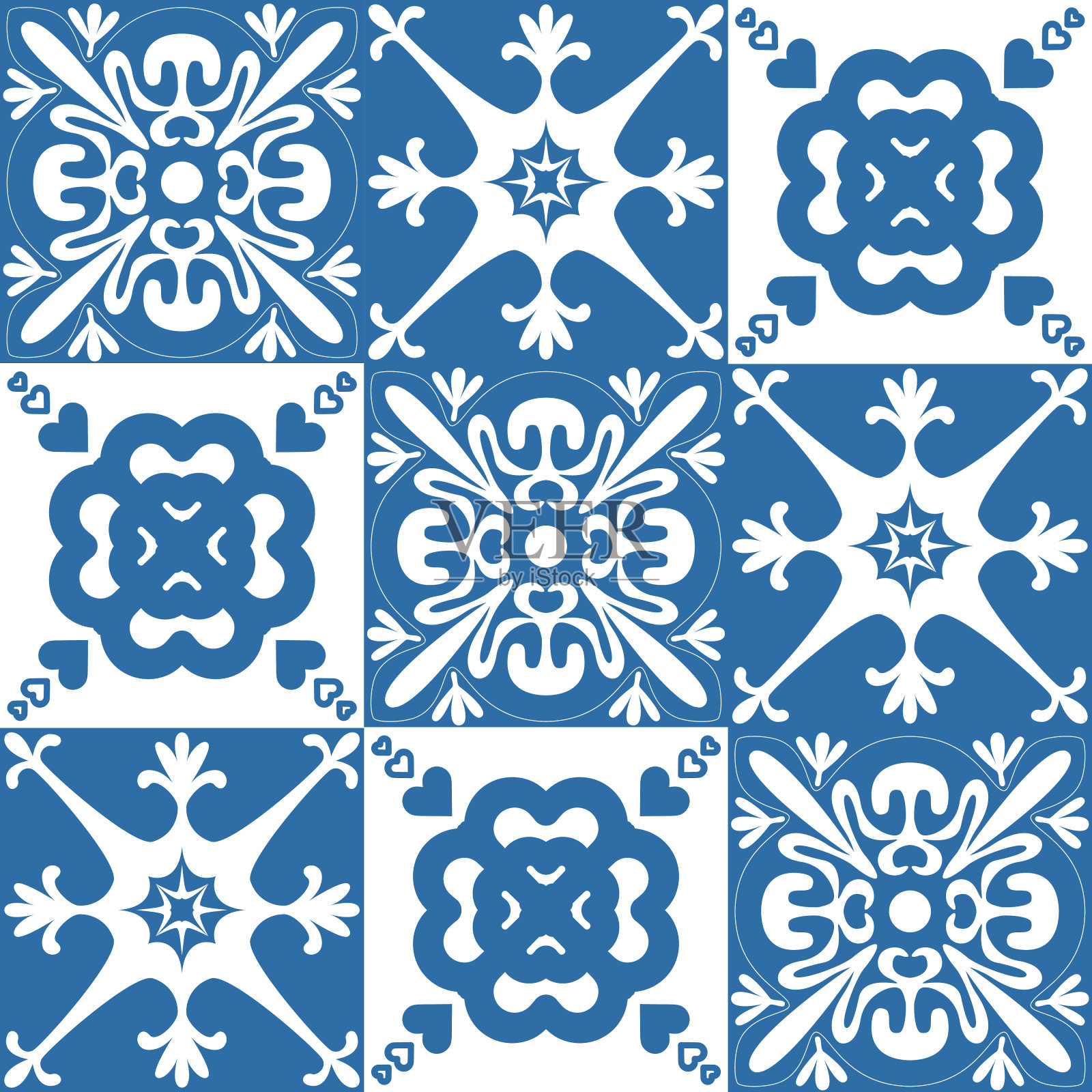 Azulejo瓷砖无缝图案装饰，矢量插图传统西班牙葡萄牙图案设计插画图片素材