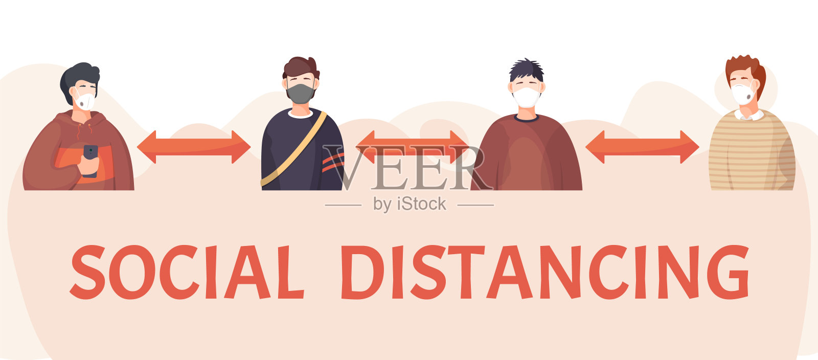 人们戴着医用口罩，坚持社交距离。新型冠状病毒肺炎社会距离插画图片素材