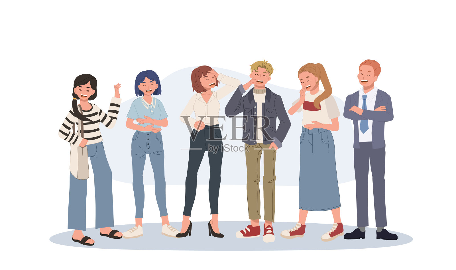 快乐的一群人有乐趣和微笑一起大笑，矢量插图。完整的长度插画图片素材