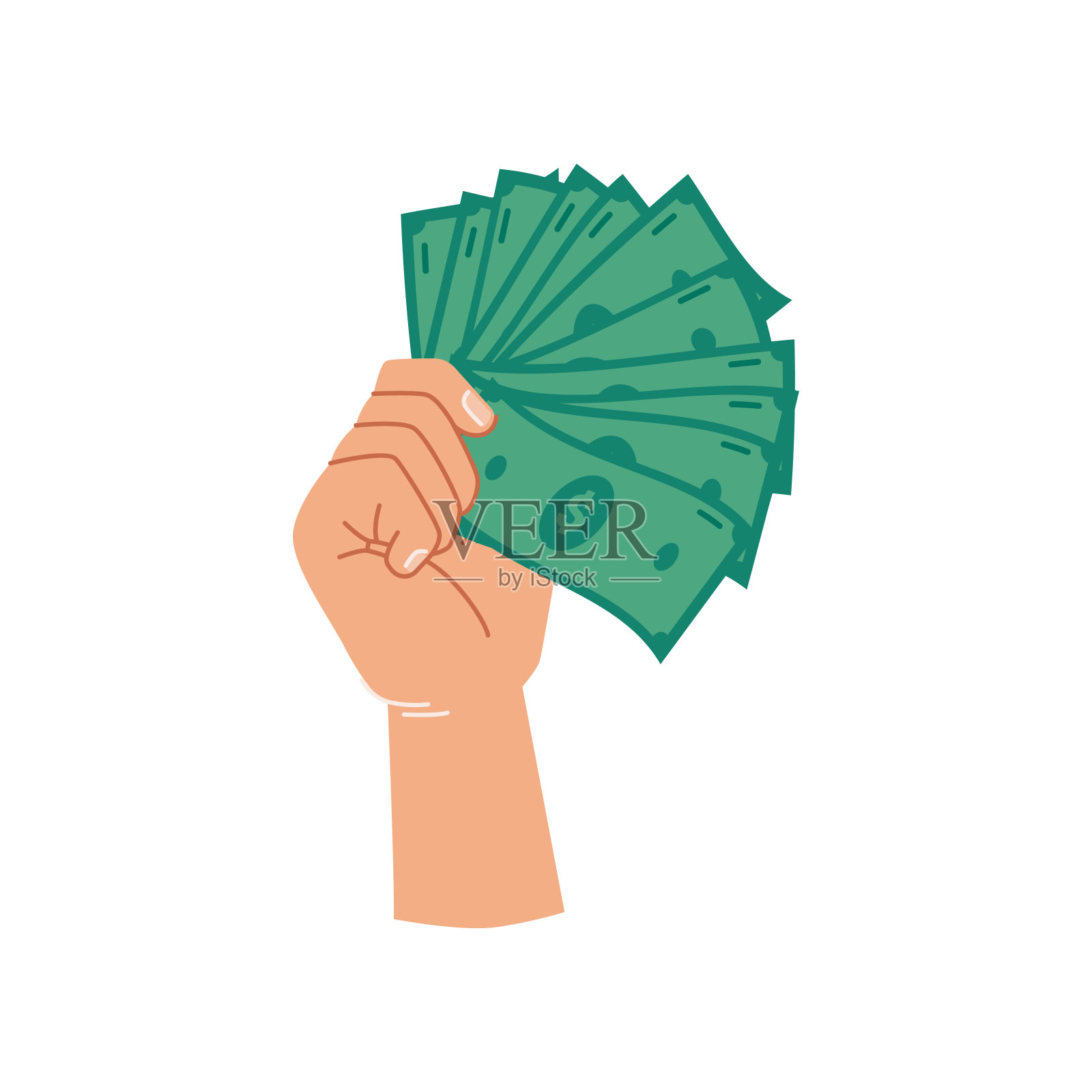 绿色的美元钞票在手，孤立的手掌用纸币支付。给予贷款，储蓄金融资产或交换，有钱人与现金。平面卡通风格矢量插图插画图片素材