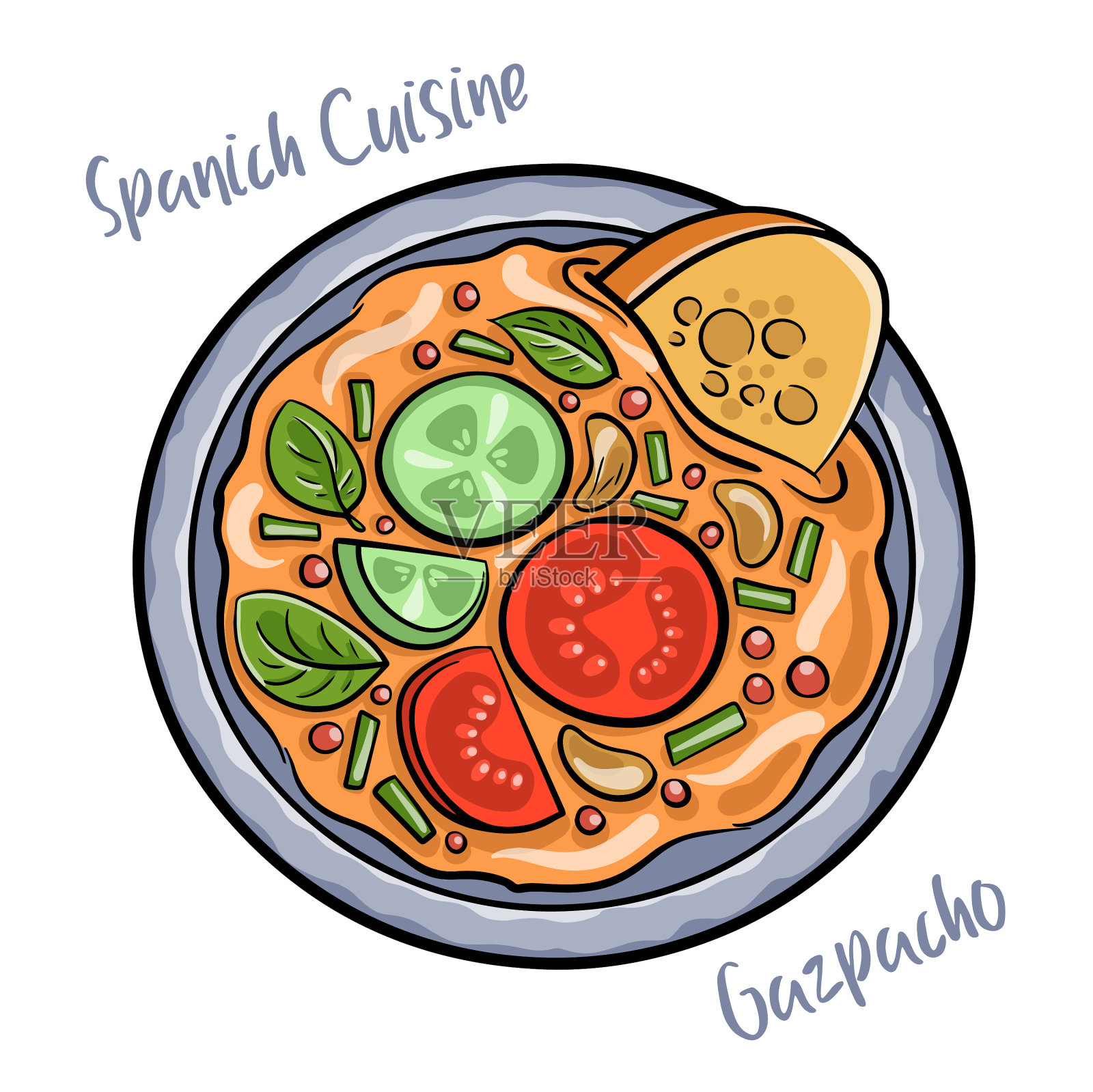 新鲜番茄凉菜汤配胡椒和设计元素图片