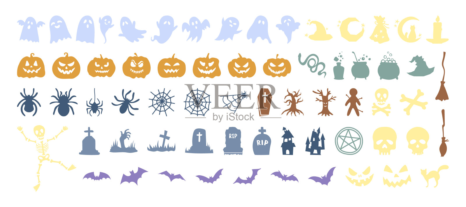 万圣节剪影图标和角色的集合。收集蜡笔彩色的万圣节南瓜剪影，幽灵插画图片素材