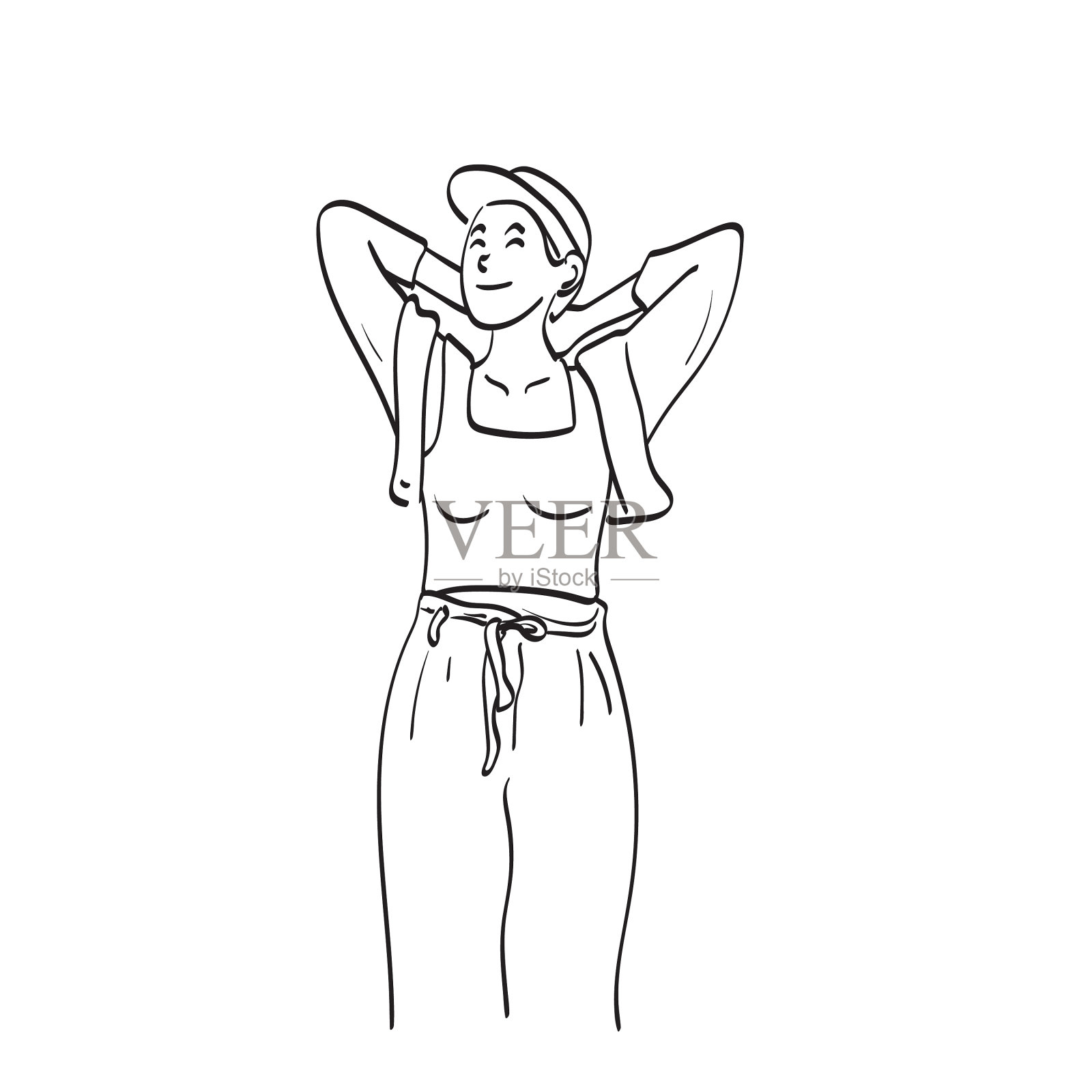 线艺术全长妇女与帽子持有设计元素图片