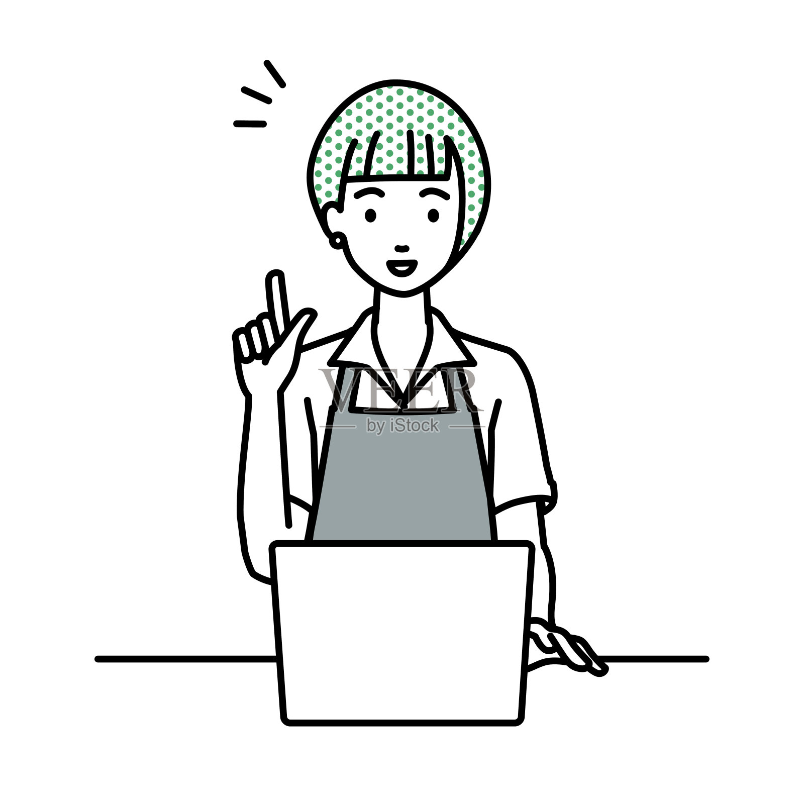 一个穿着咖啡吧围裙的女人用笔记本电脑在她的桌子上用手指的手势得到想法插画图片素材