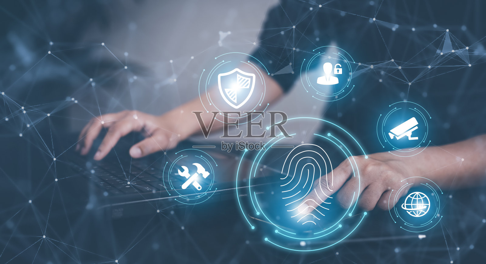 手触摸指纹带虚拟全球带网络安全，登录，用户，身份信息安全加密，安全访问用户个人信息，安全上网，照片摄影图片