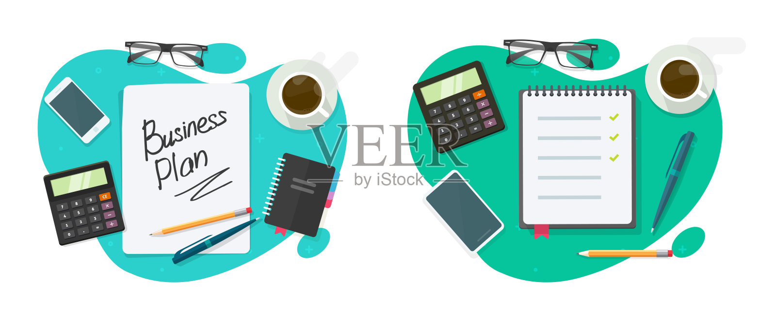 商业计划、战略、营销使命概念向量或新企业家项目想法与做检查表记事本上写在办公室工作桌上工作桌上俯视上方现代形象插画图片素材