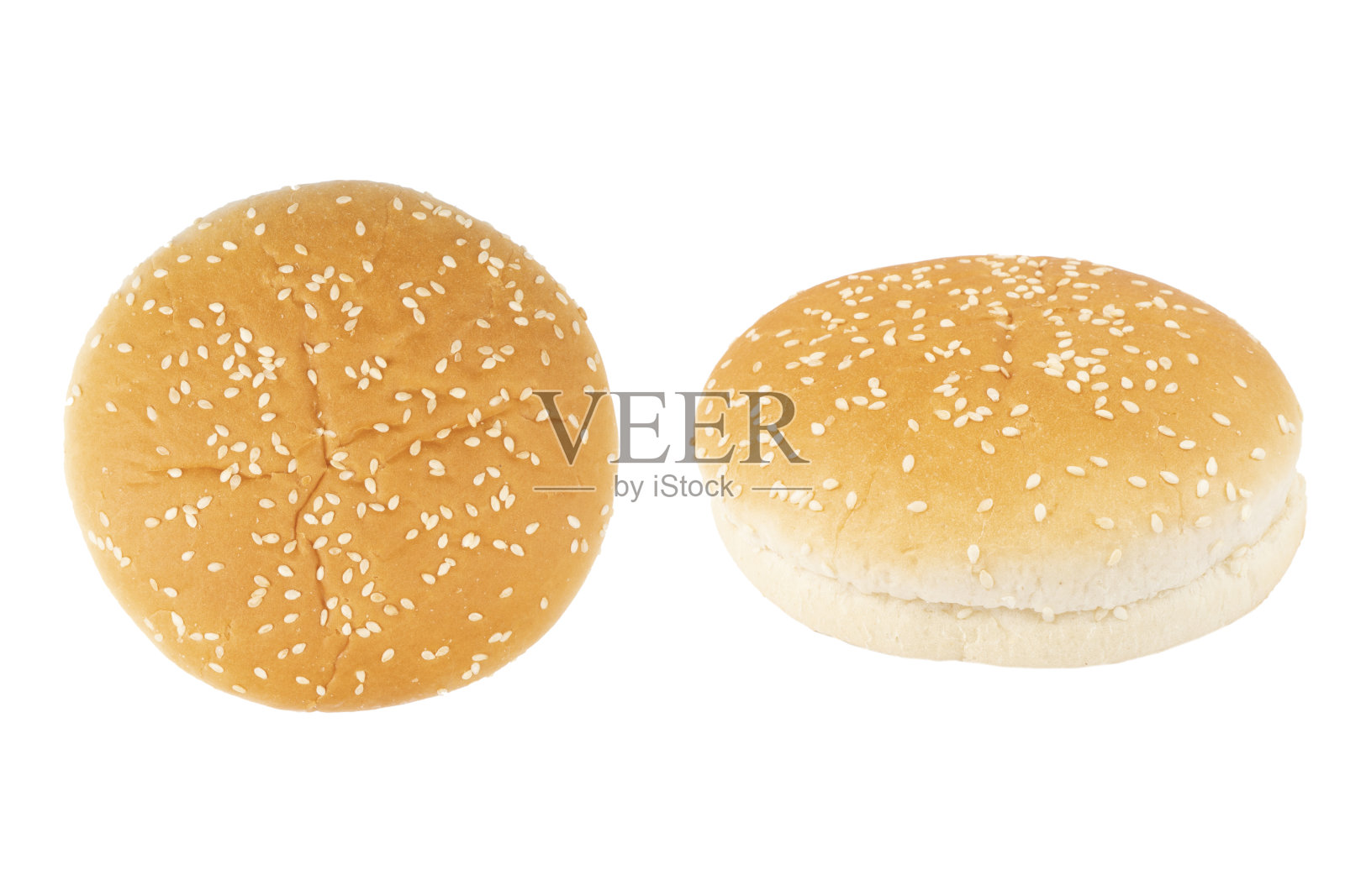 新鲜的汉堡面包孤立在白色背景与剪辑路径。白芝麻汉堡面包。前视图。照片摄影图片