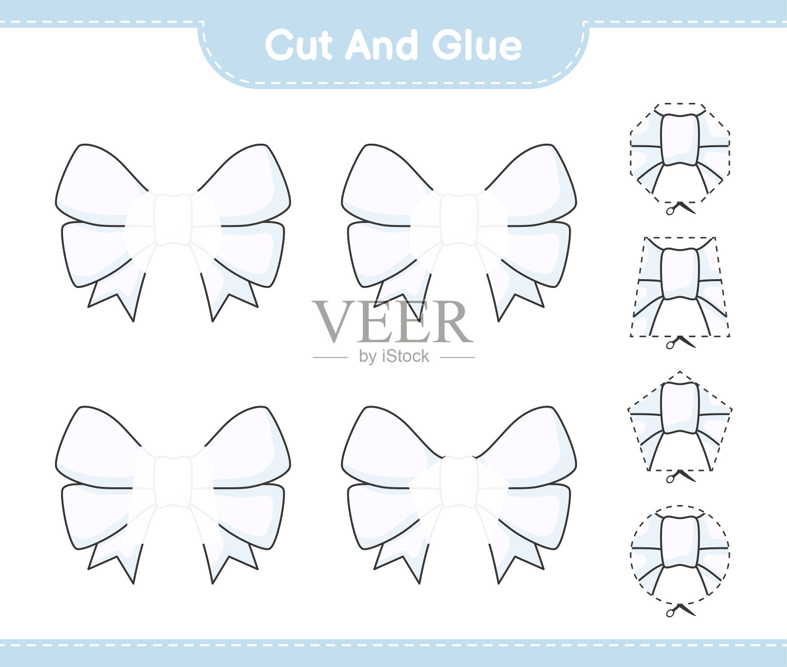 剪切和粘合，剪切部分的丝带和粘合他们。教育儿童游戏，可打印的工作表，矢量插图插画图片素材