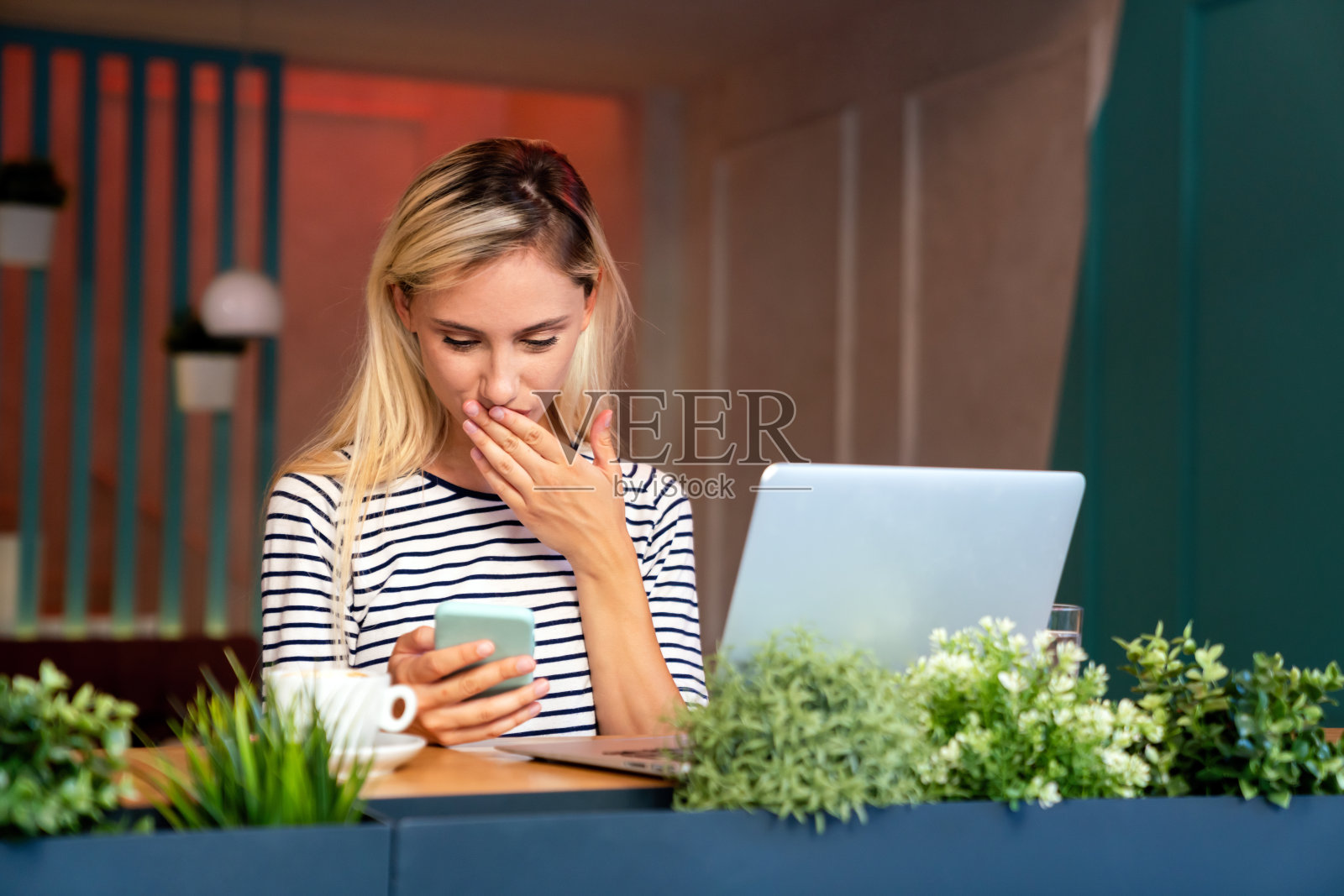 一个女人在咖啡馆用笔记本电脑工作的肖像。人们商业教育数字设备概念。照片摄影图片