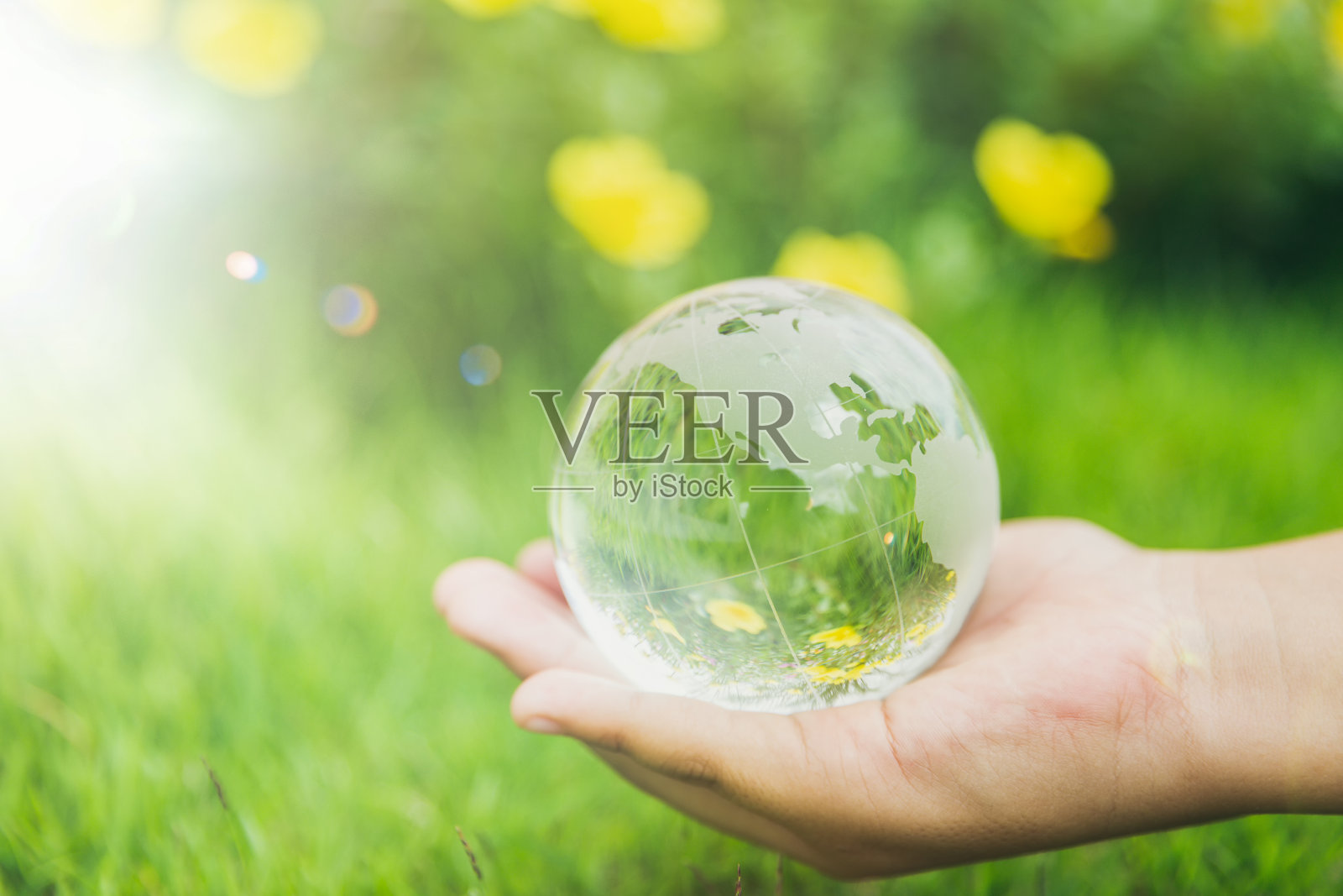 在生态环境森林的绿色自然背景下，人类手握地球球体水晶或可持续地球玻璃。节约环境理念，保护地球。照片摄影图片